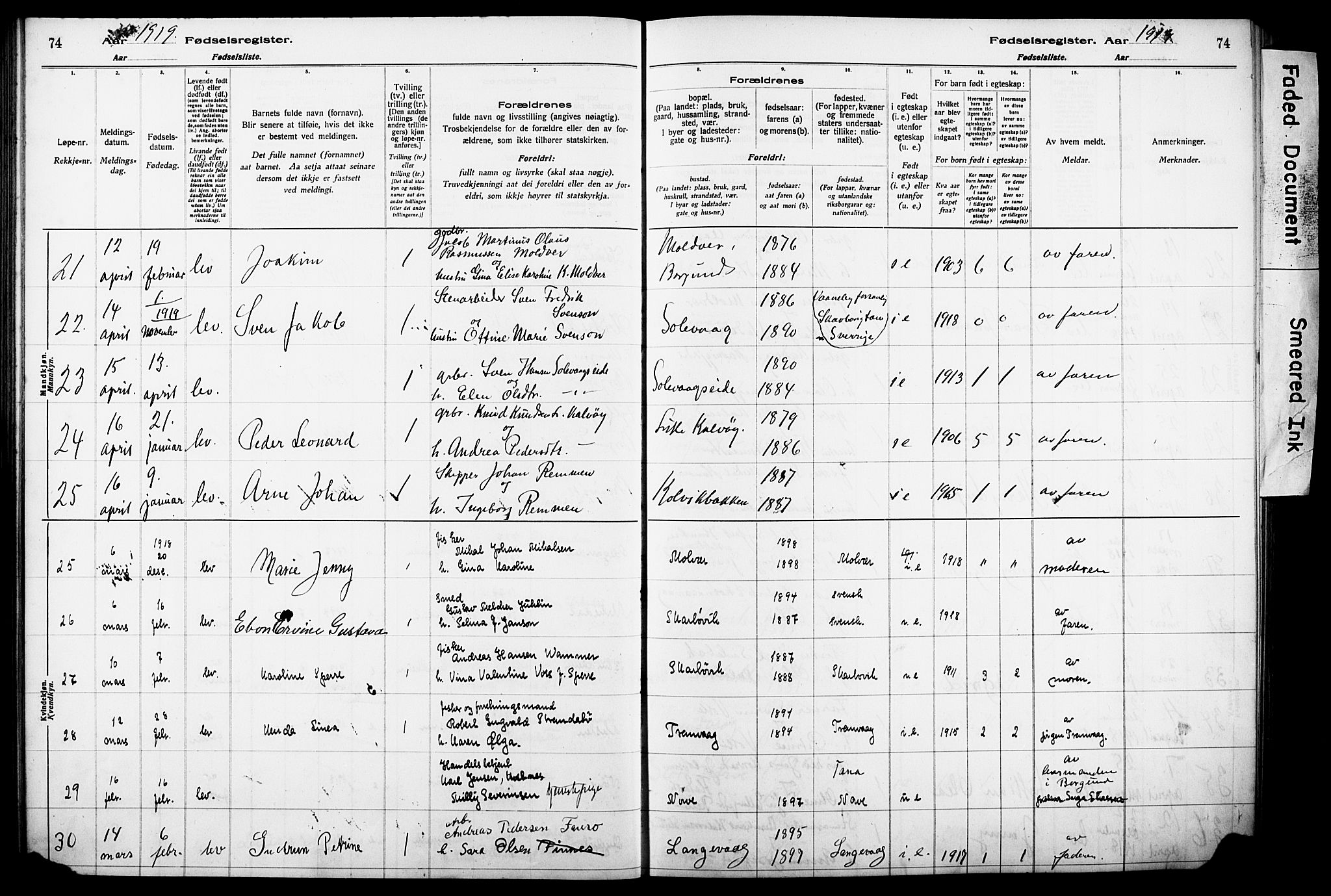 Ministerialprotokoller, klokkerbøker og fødselsregistre - Møre og Romsdal, SAT/A-1454/528/L0442: Birth register no. 528.II.4.1, 1916-1924, p. 74