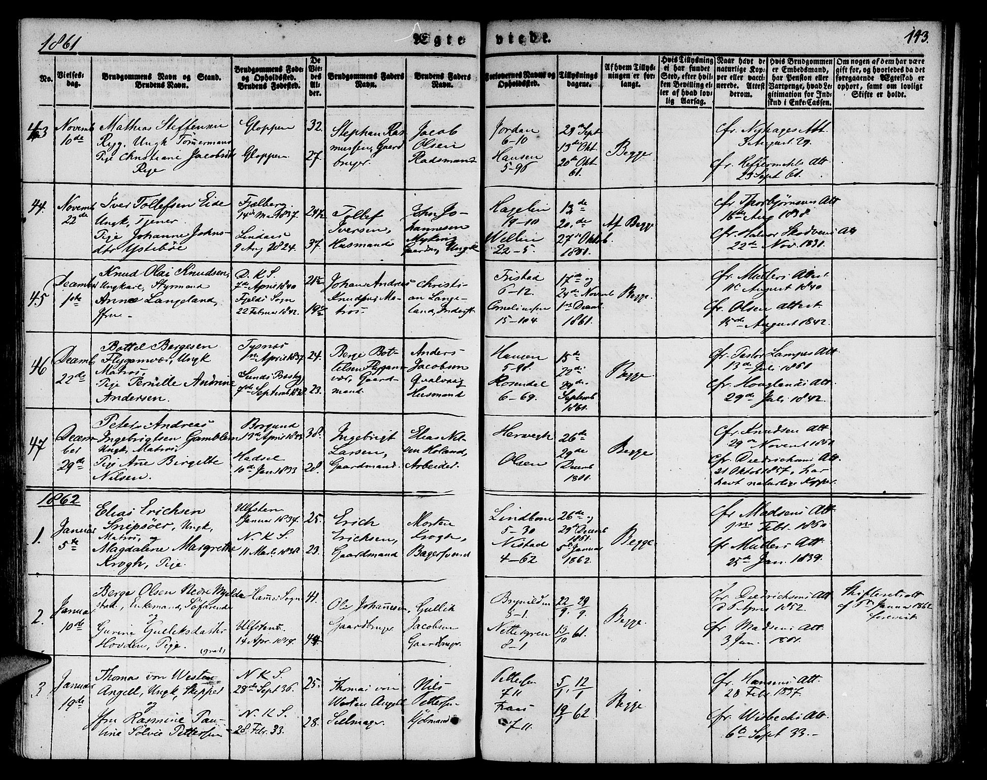 Nykirken Sokneprestembete, SAB/A-77101/H/Hab: Parish register (copy) no. D 1, 1832-1867, p. 143