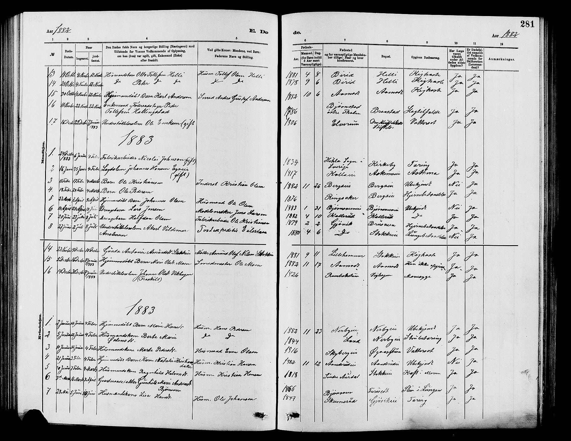Vardal prestekontor, SAH/PREST-100/H/Ha/Hab/L0007: Parish register (copy) no. 7 /1, 1881-1895, p. 281
