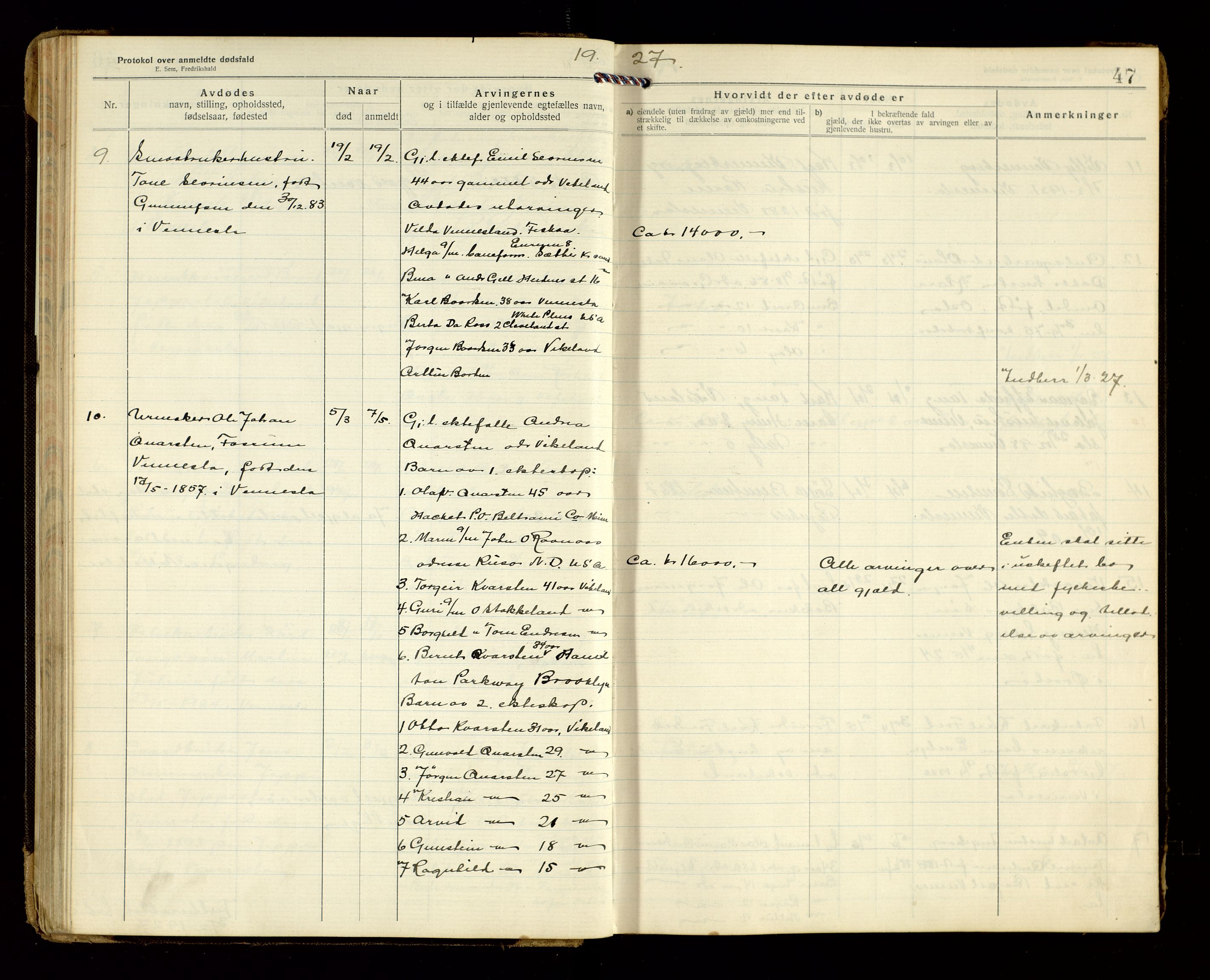 Vennesla og Iveland lensmannskontor, AV/SAK-1241-0050/F/Fe/L0001: Dødsfallsprotokoll nr 7, 1920-1940, p. 47