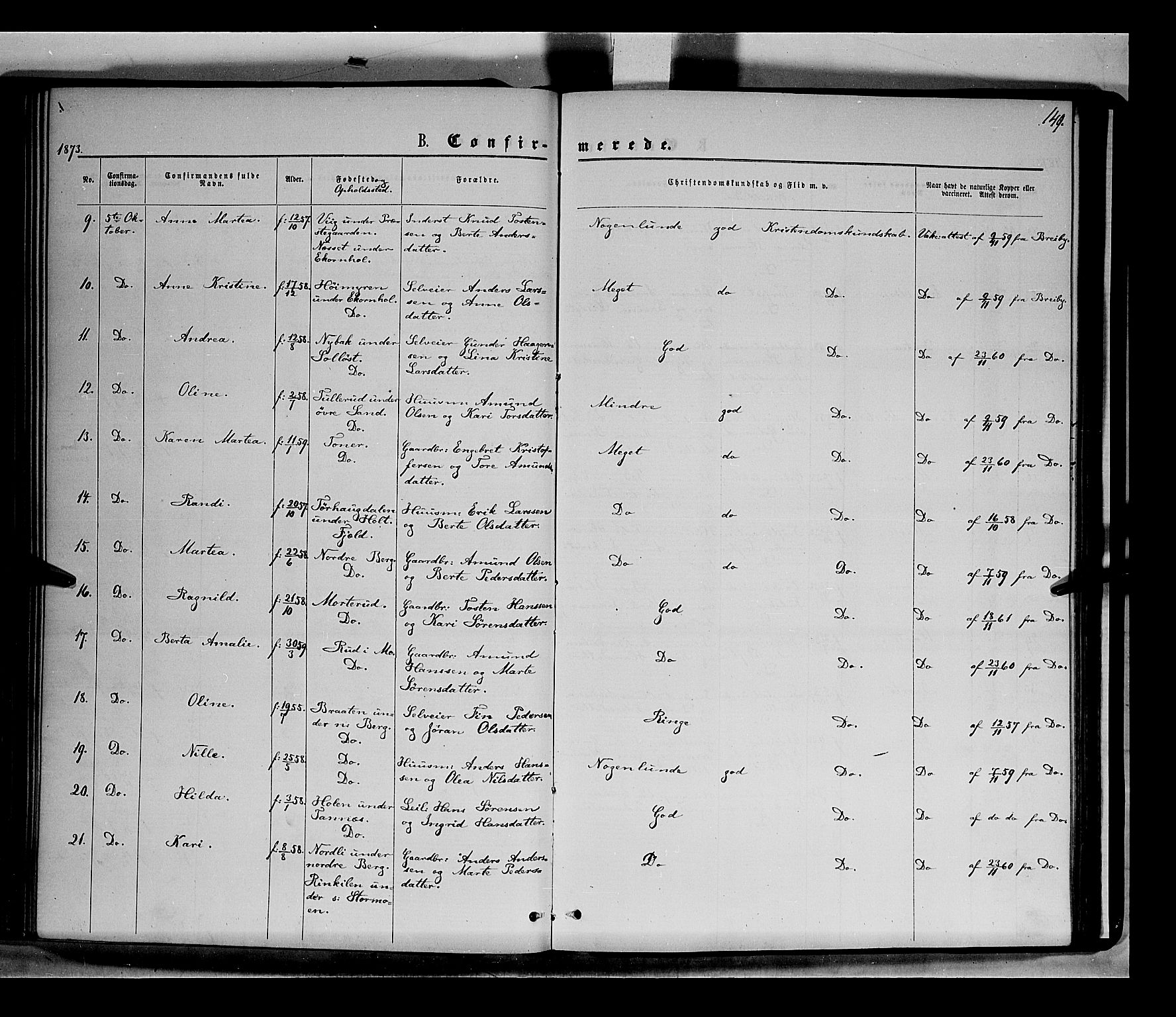 Nord-Odal prestekontor, AV/SAH-PREST-032/H/Ha/Haa/L0004: Parish register (official) no. 4, 1866-1873, p. 149