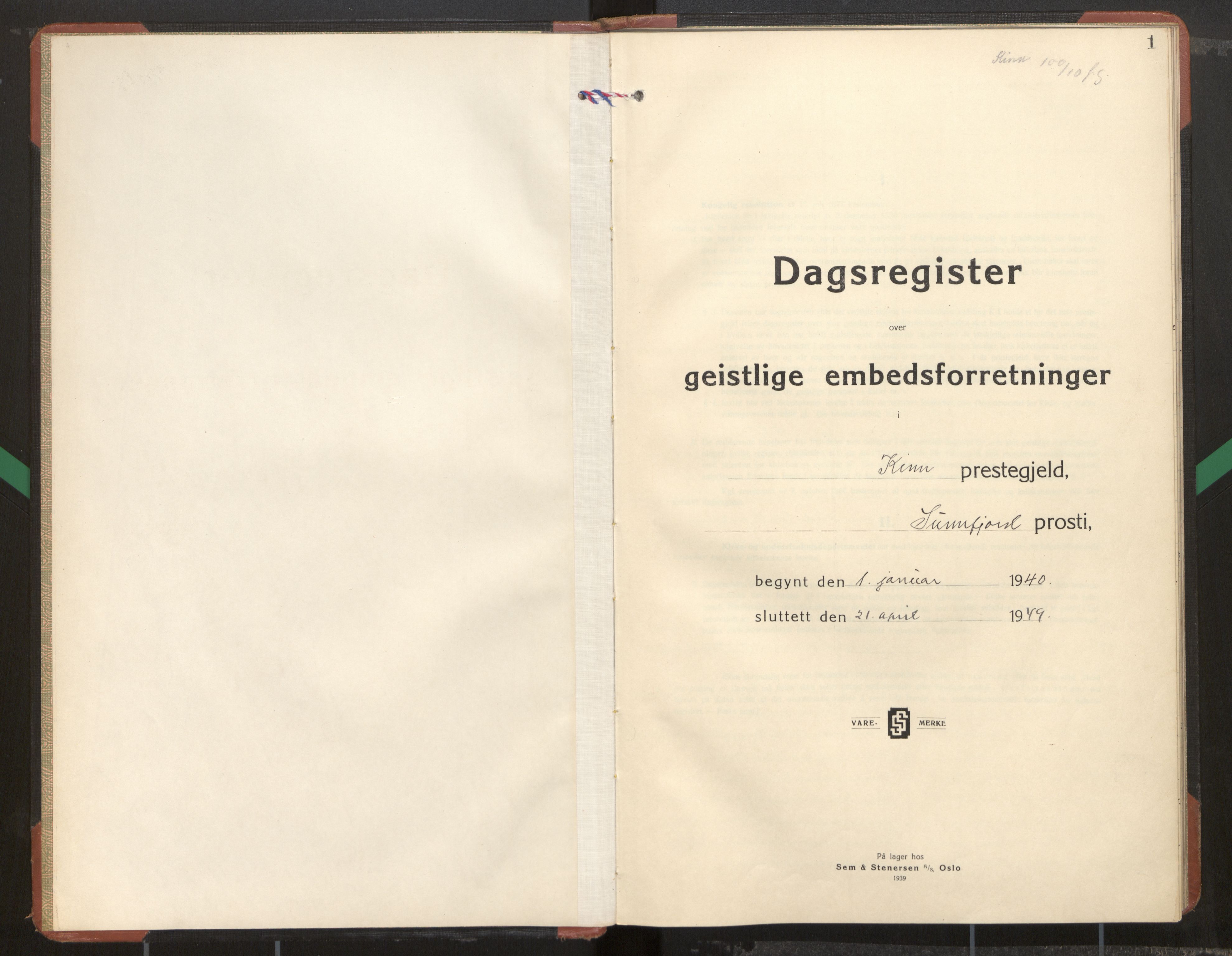 Kinn sokneprestembete, SAB/A-80801/H/Haa/Haag/L0005: Diary records no. G 5, 1940-1949, p. 1