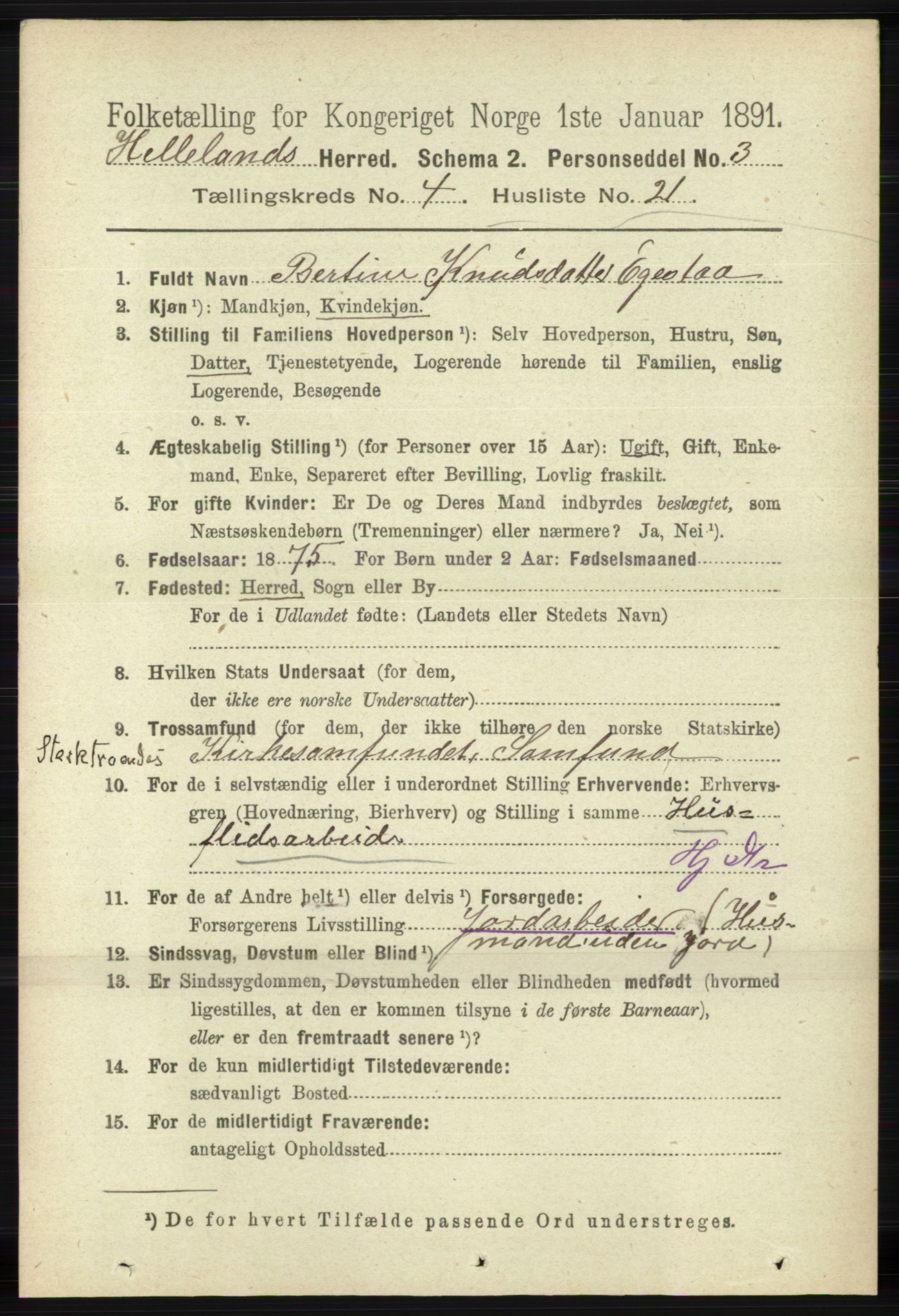 RA, 1891 census for 1115 Helleland, 1891, p. 1295