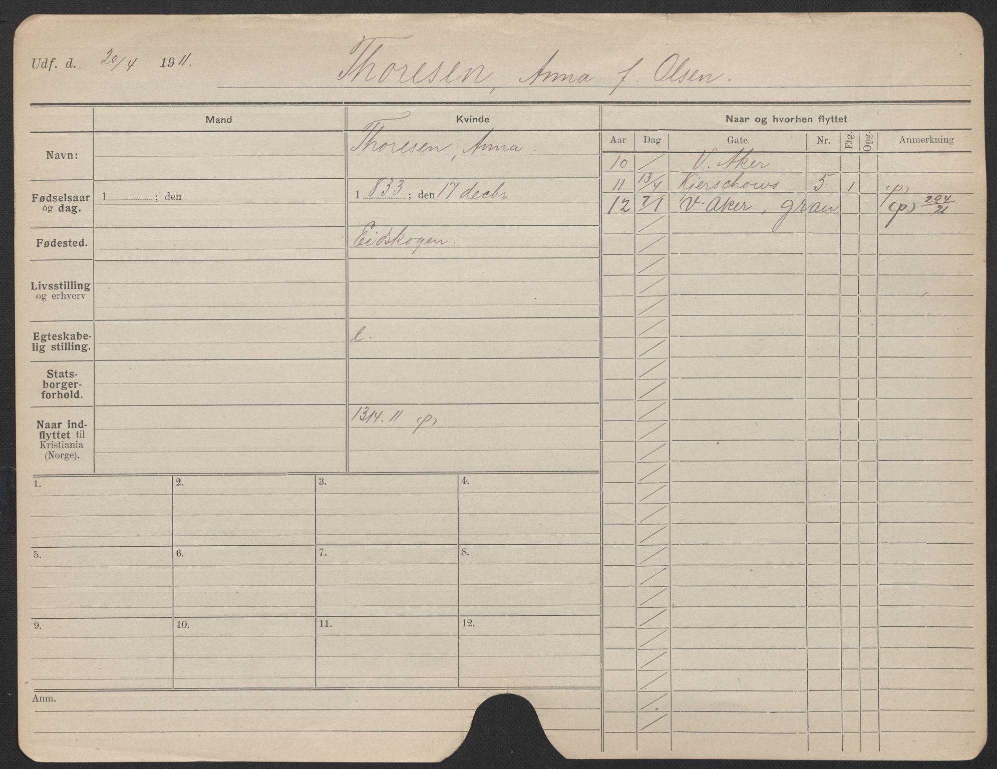 Oslo folkeregister, Registerkort, AV/SAO-A-11715/F/Fa/Fac/L0025: Kvinner, 1906-1914, p. 25a