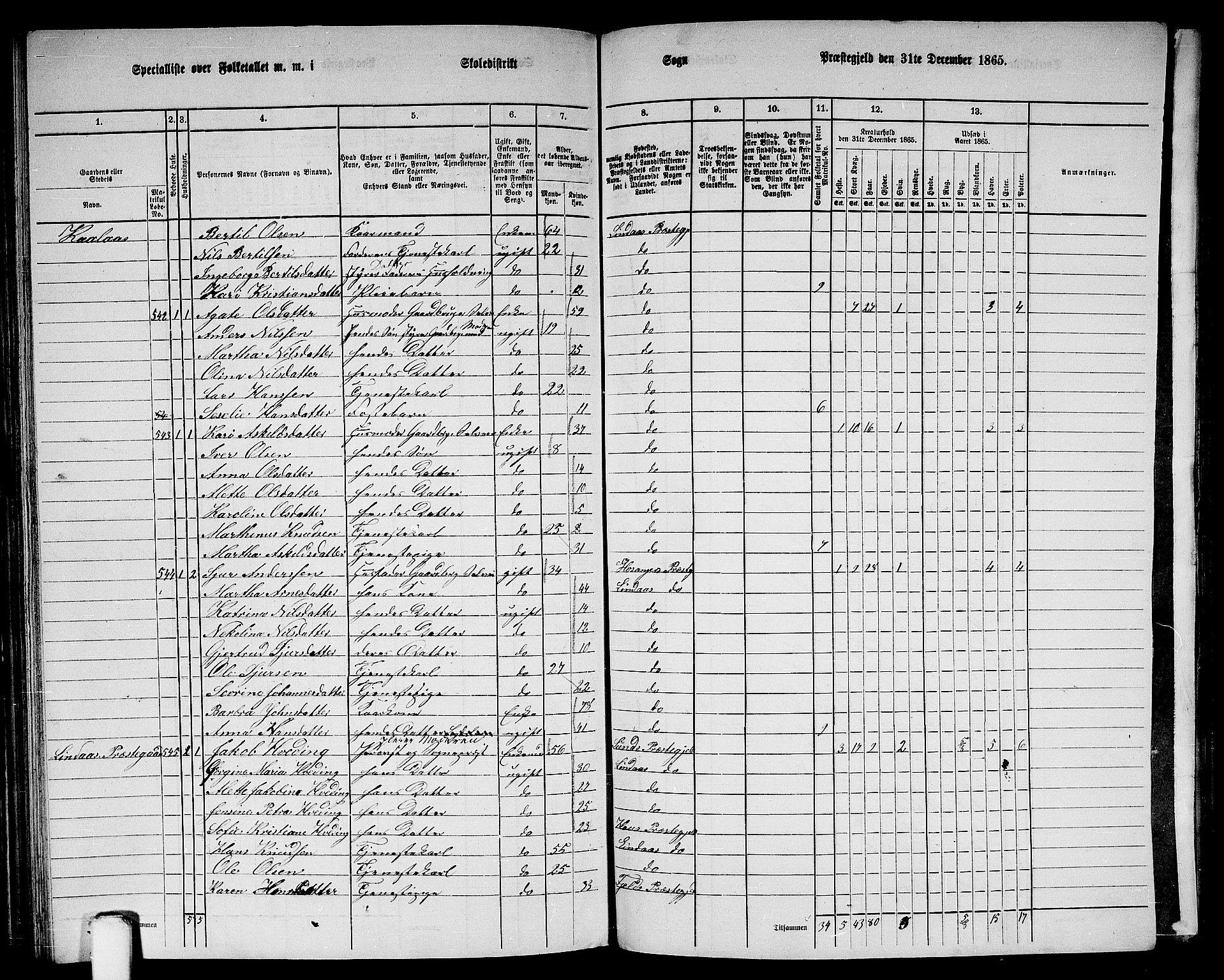 RA, 1865 census for Lindås, 1865, p. 205