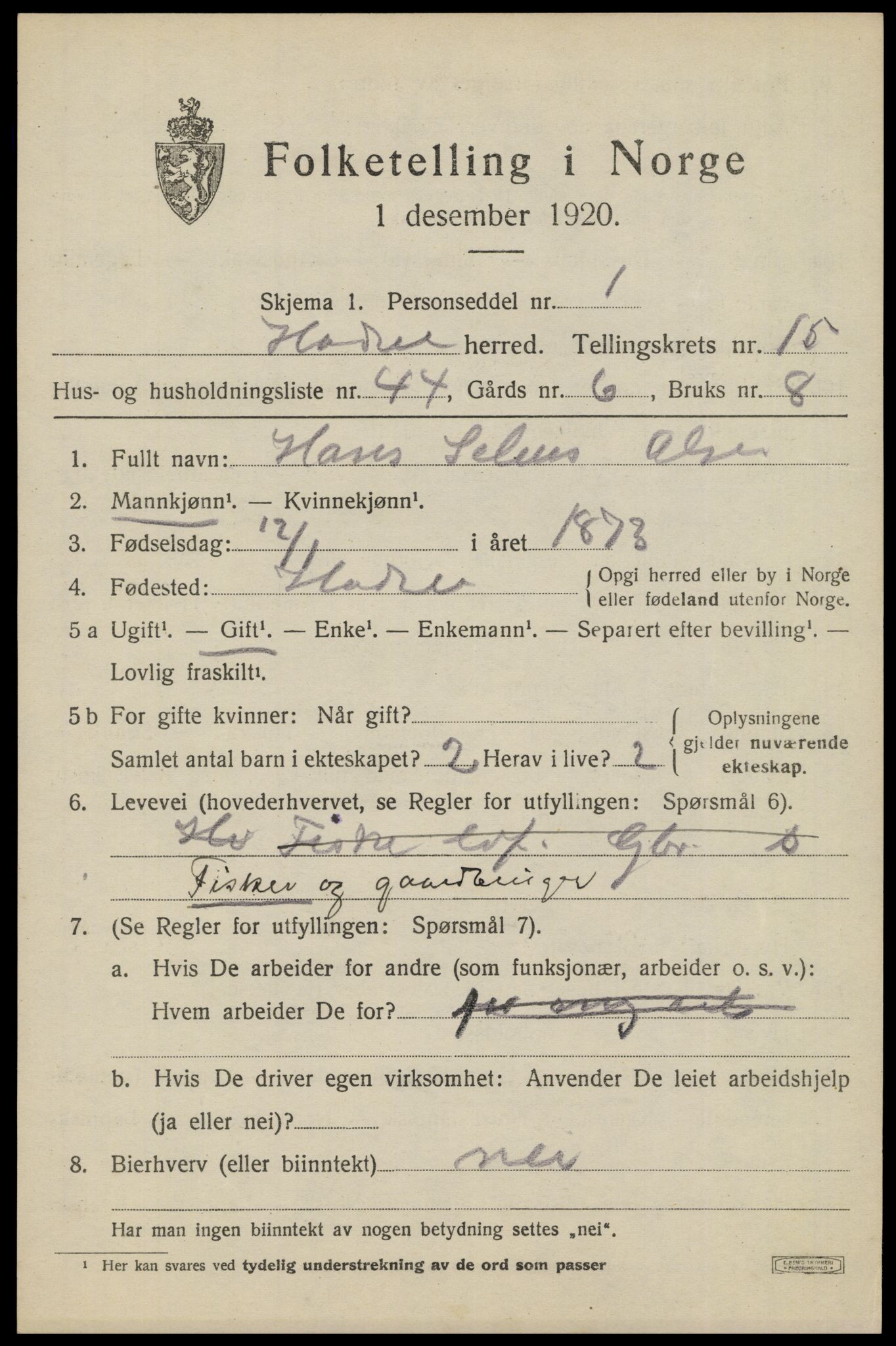 SAT, 1920 census for Hadsel, 1920, p. 13484
