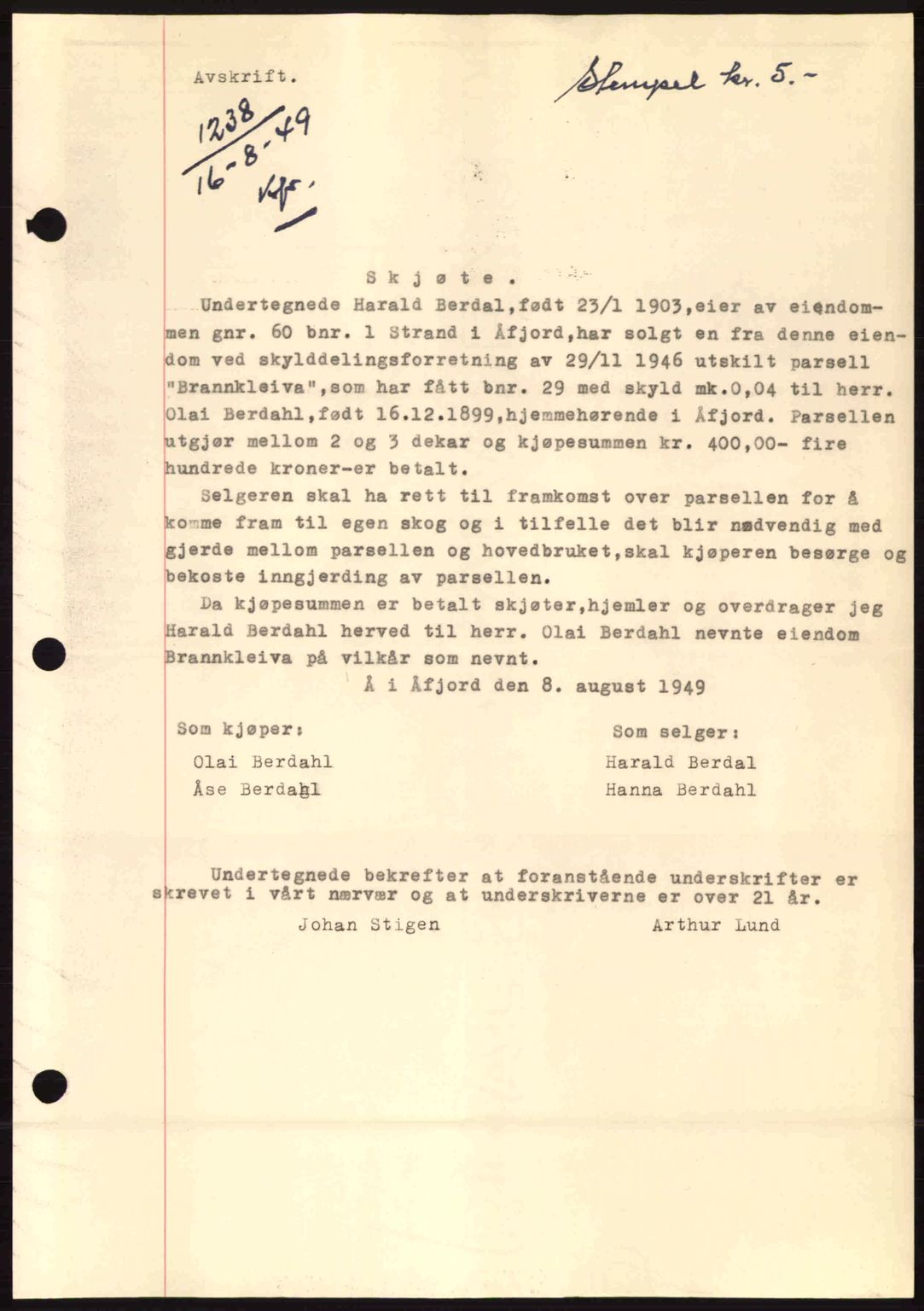 Fosen sorenskriveri, AV/SAT-A-1107/1/2/2C: Mortgage book no. A10, 1949-1950, Diary no: : 1238/1949