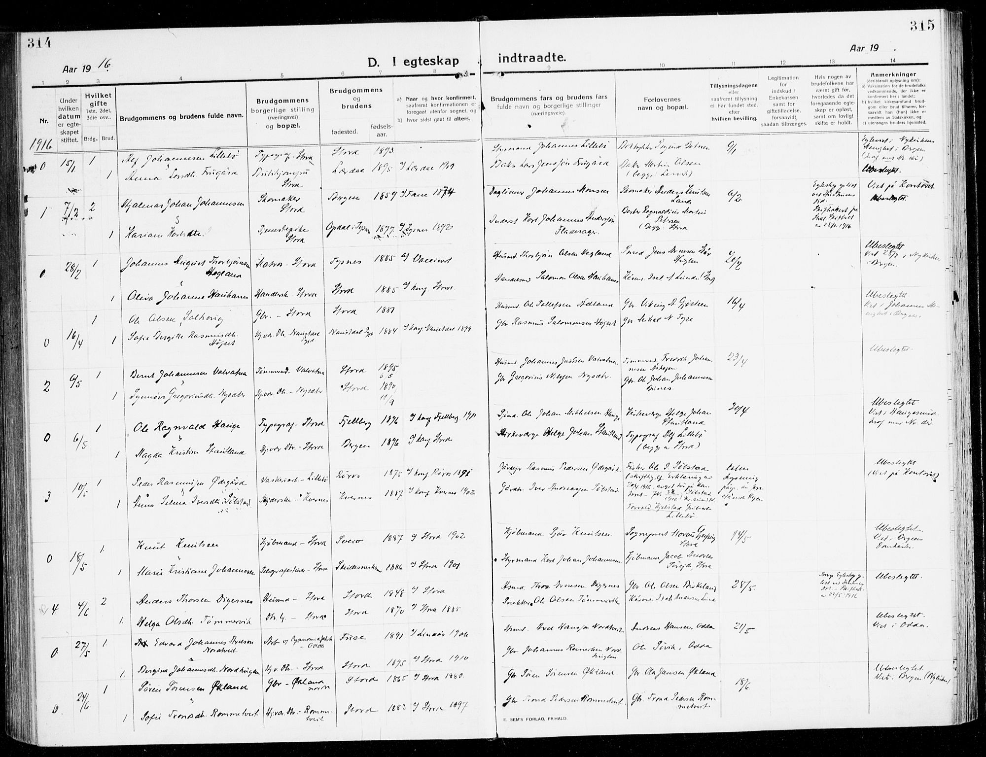 Stord sokneprestembete, SAB/A-78201/H/Haa: Parish register (official) no. B 3, 1913-1925, p. 314-315