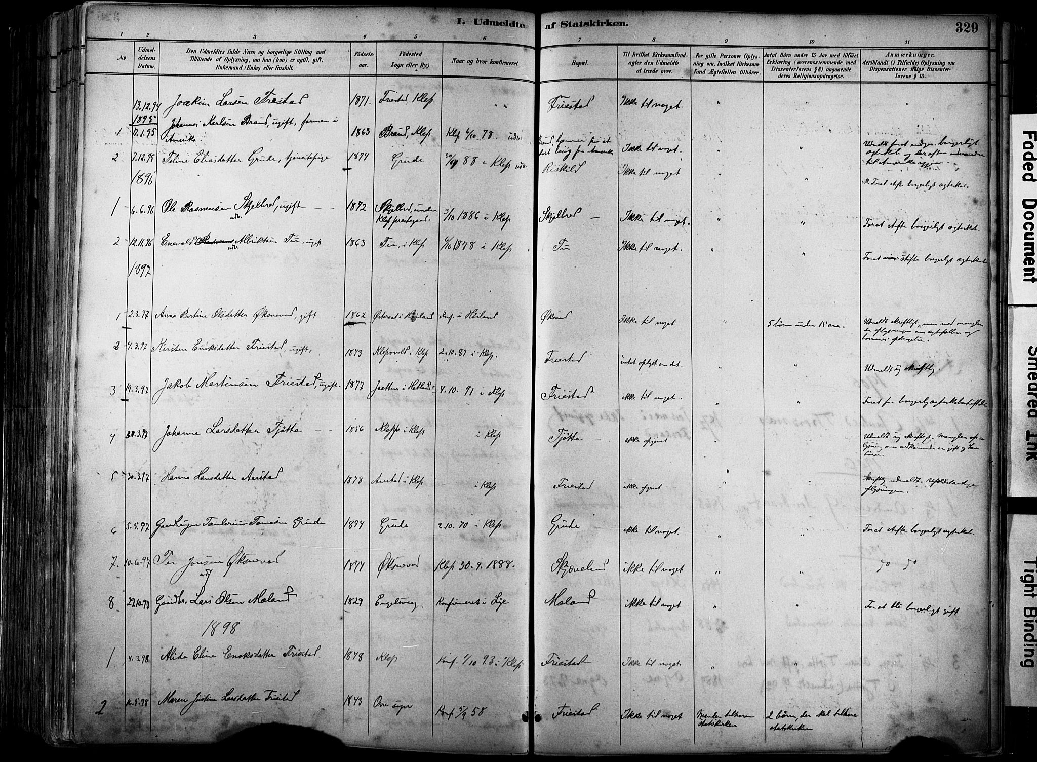 Klepp sokneprestkontor, SAST/A-101803/001/3/30BA/L0009: Parish register (official) no. A 7, 1886-1915, p. 329