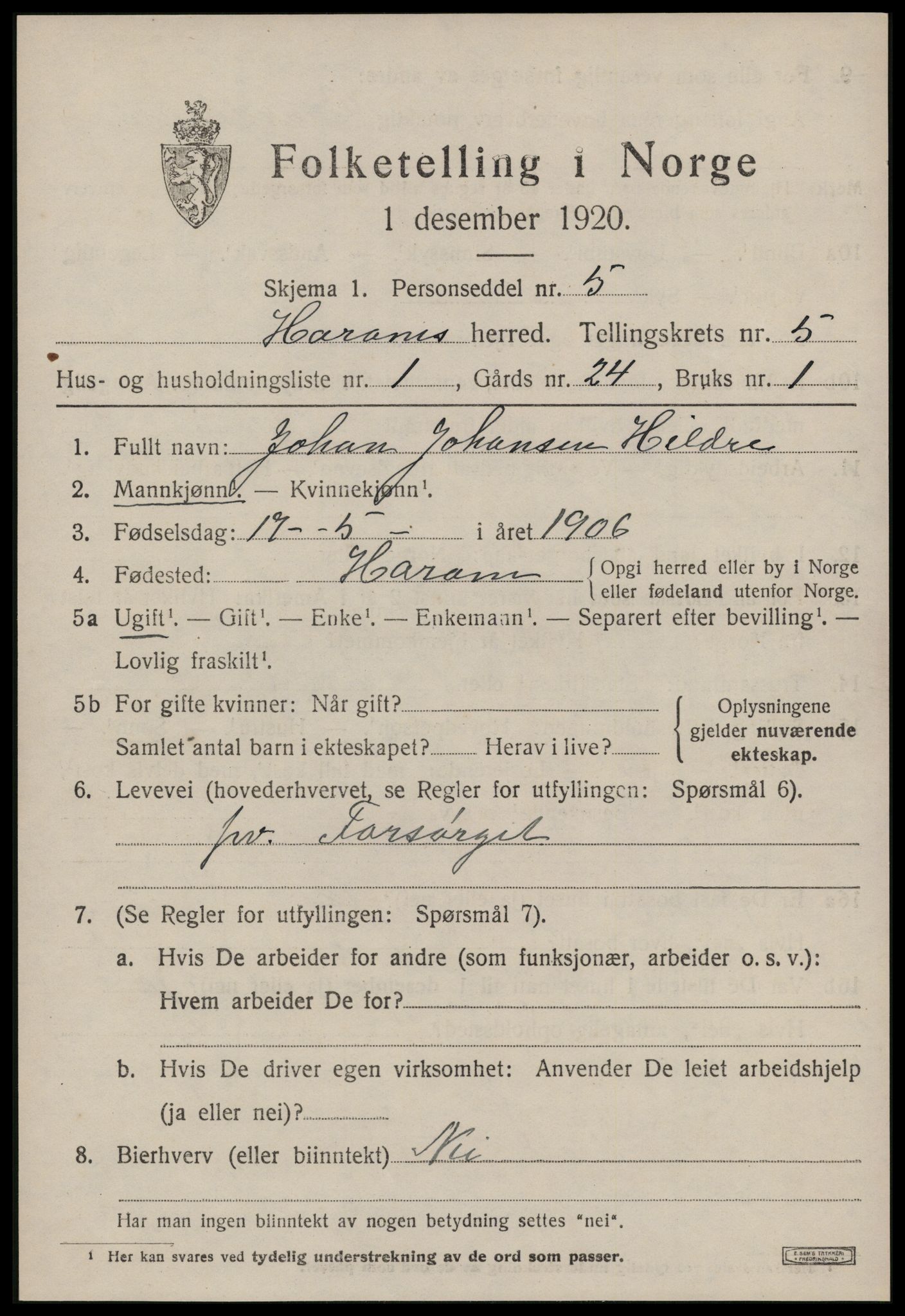 SAT, 1920 census for Haram, 1920, p. 2803