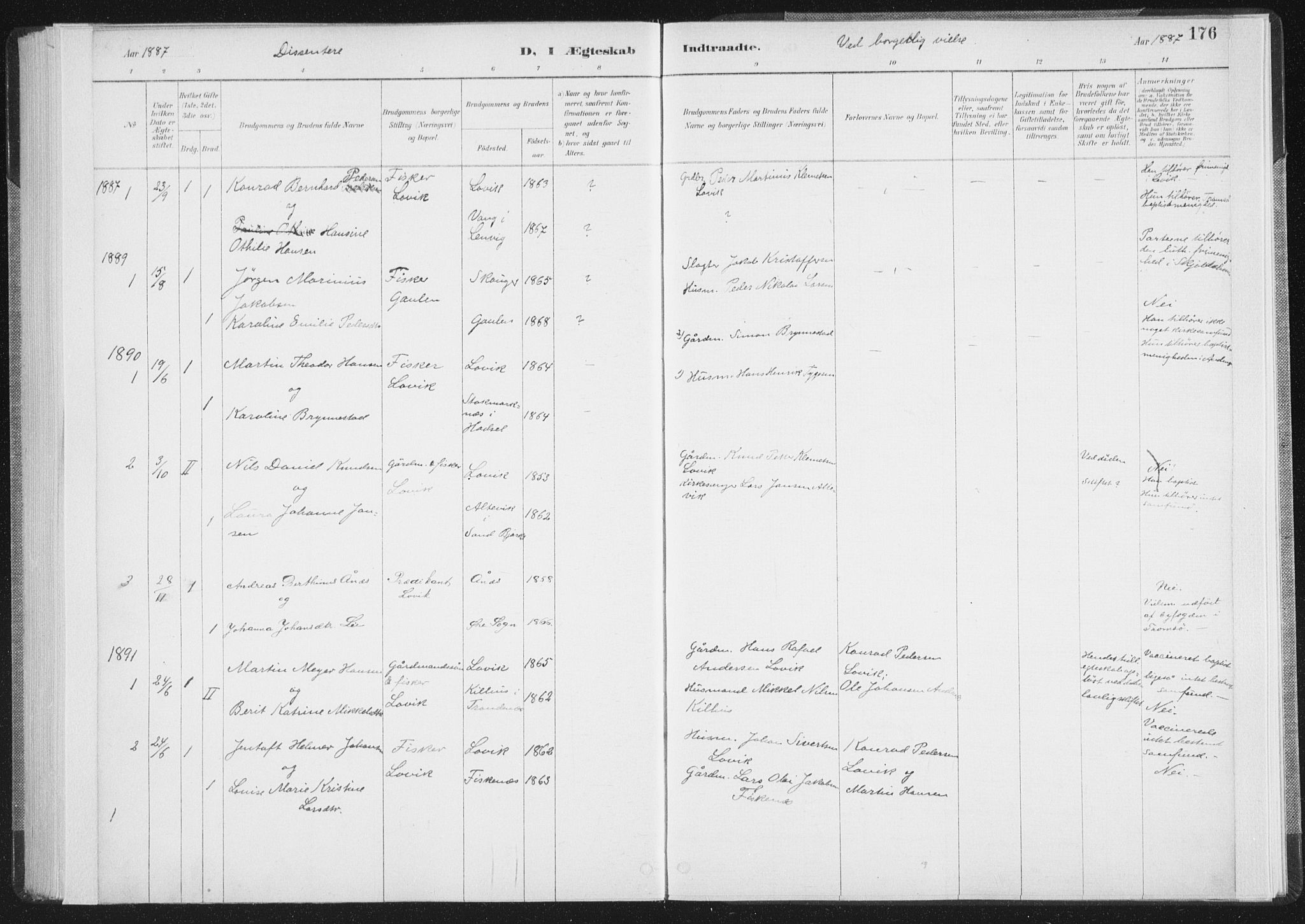 Ministerialprotokoller, klokkerbøker og fødselsregistre - Nordland, SAT/A-1459/898/L1422: Parish register (official) no. 898A02, 1887-1908, p. 176