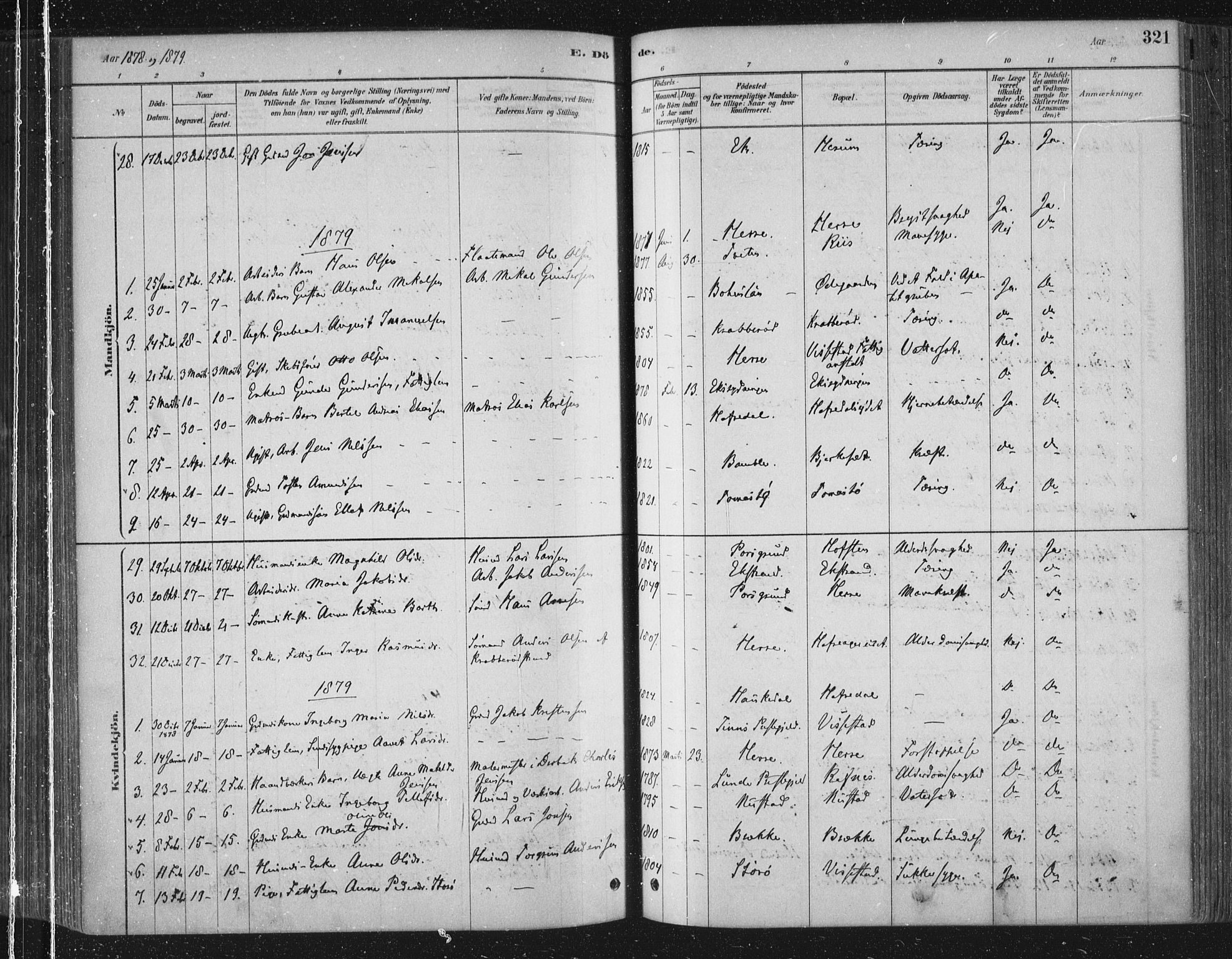 Bamble kirkebøker, SAKO/A-253/F/Fa/L0007: Parish register (official) no. I 7, 1878-1888, p. 321