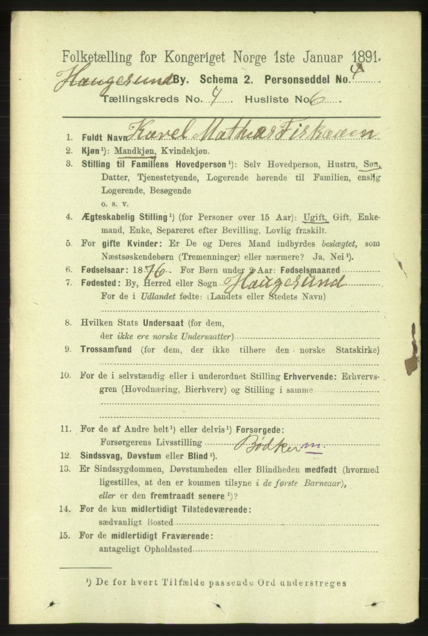 RA, 1891 census for 1106 Haugesund, 1891, p. 1220