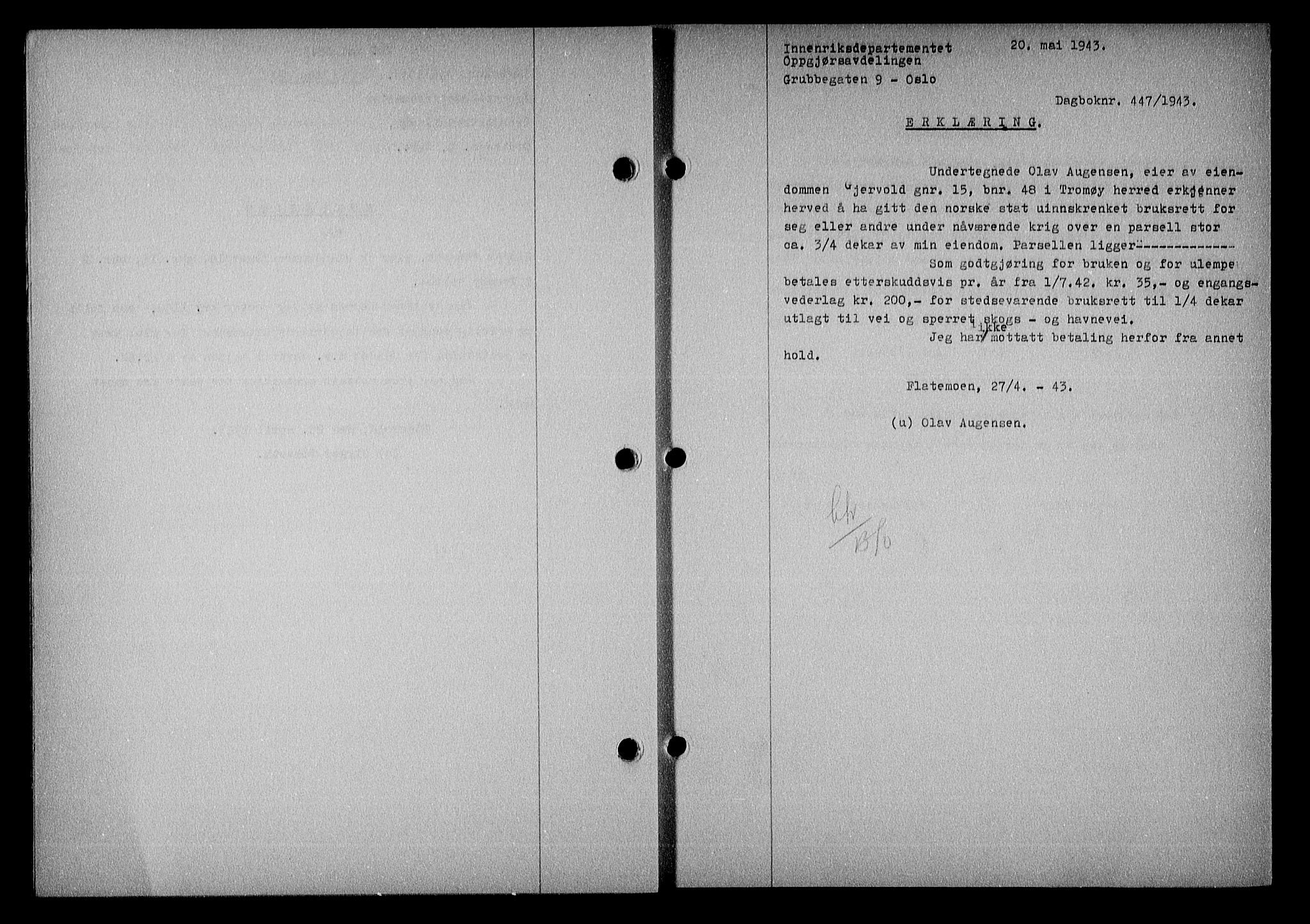 Nedenes sorenskriveri, SAK/1221-0006/G/Gb/Gba/L0050: Mortgage book no. A-IV, 1942-1943, Diary no: : 447/1943