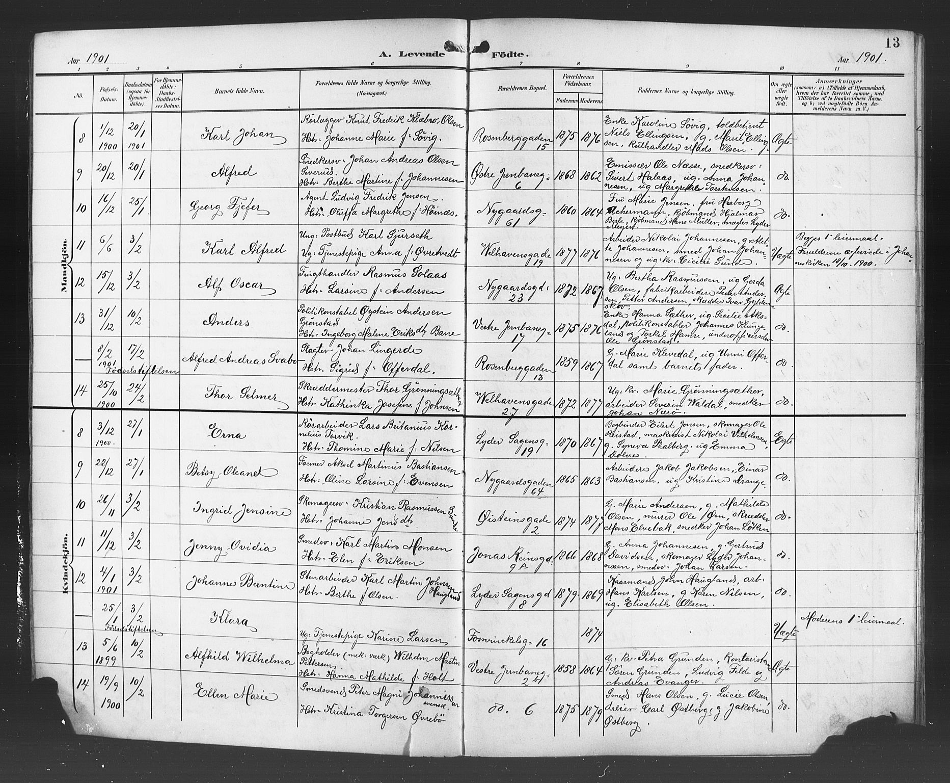 Johanneskirken sokneprestembete, AV/SAB-A-76001/H/Hab: Parish register (copy) no. A 2, 1900-1912, p. 13