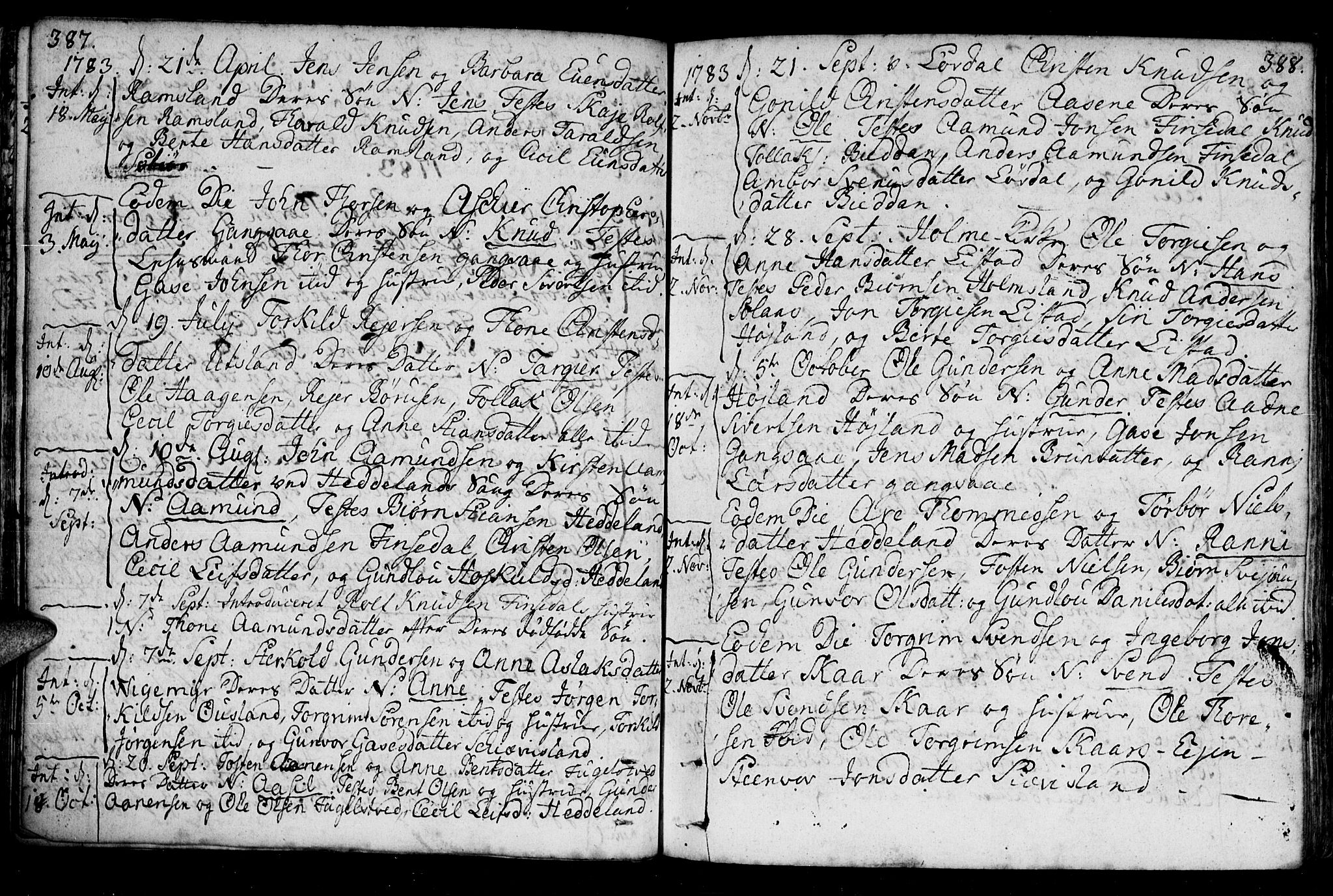 Holum sokneprestkontor, AV/SAK-1111-0022/F/Fa/Fac/L0001: Parish register (official) no. A 1, 1773-1820, p. 387-388