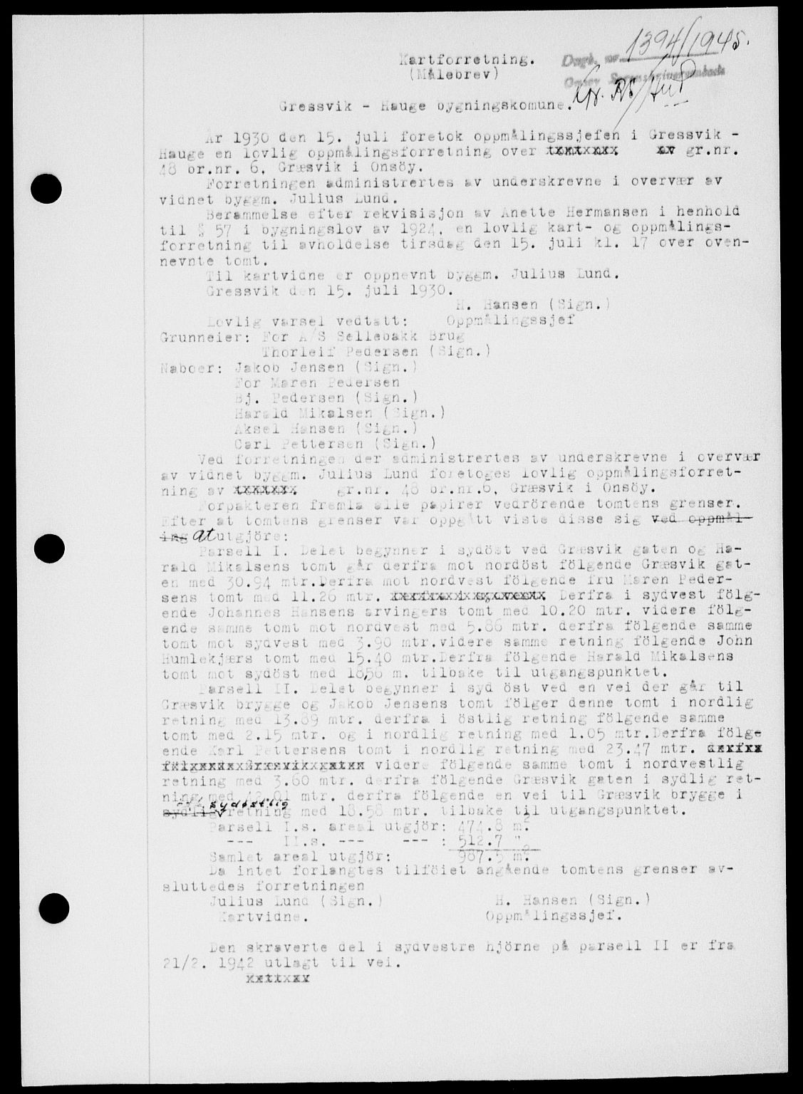 Onsøy sorenskriveri, SAO/A-10474/G/Ga/Gab/L0015: Mortgage book no. II A-15, 1945-1946, Diary no: : 1394/1945
