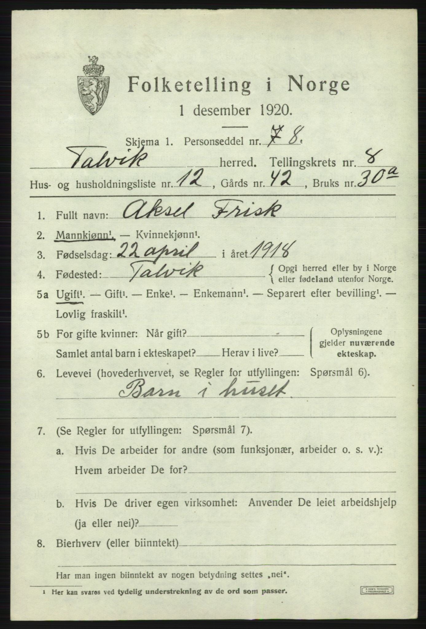 SATØ, 1920 census for Talvik, 1920, p. 5114