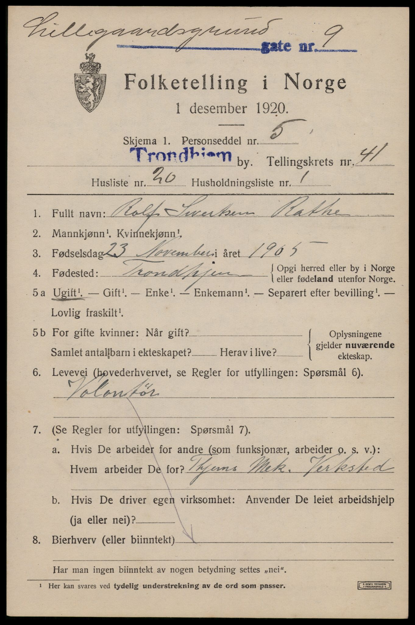 SAT, 1920 census for Trondheim, 1920, p. 91270