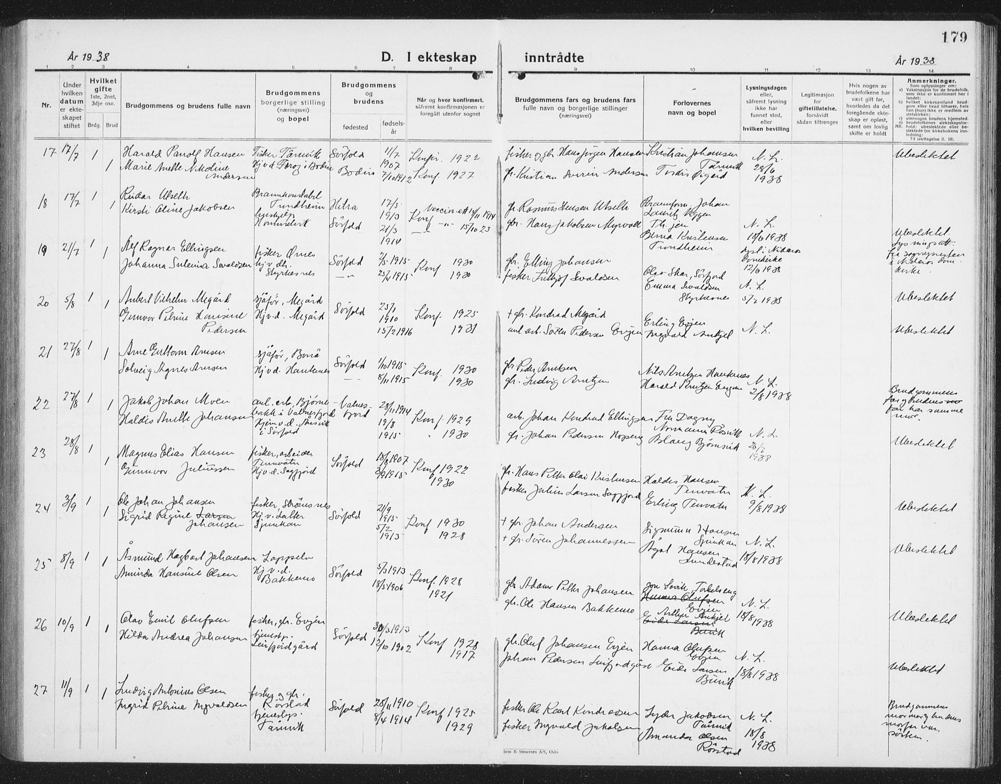 Ministerialprotokoller, klokkerbøker og fødselsregistre - Nordland, AV/SAT-A-1459/854/L0788: Parish register (copy) no. 854C04, 1926-1940, p. 179