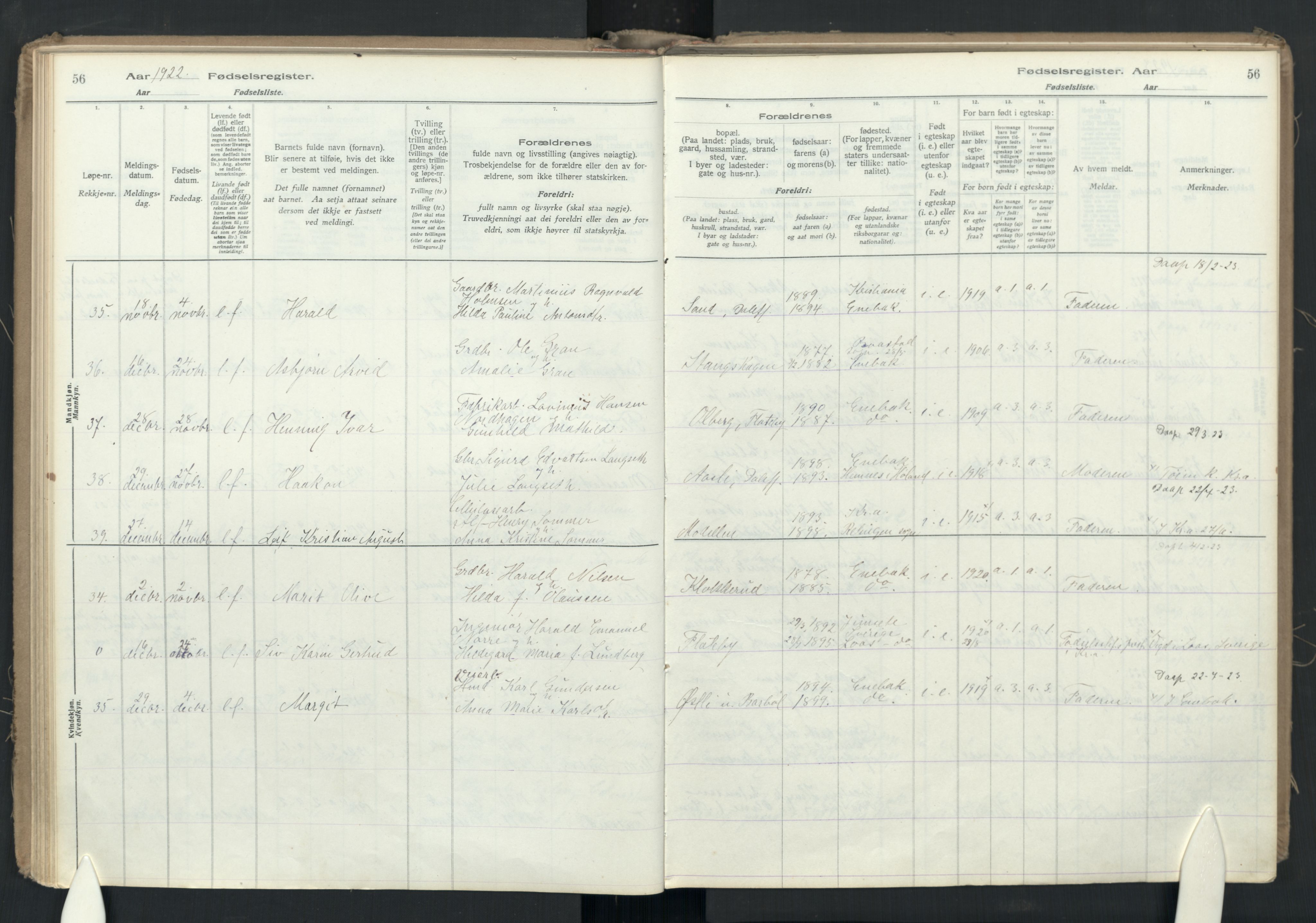 Enebakk prestekontor Kirkebøker, SAO/A-10171c/J/Ja: Birth register no. I 1, 1916-1948, p. 56