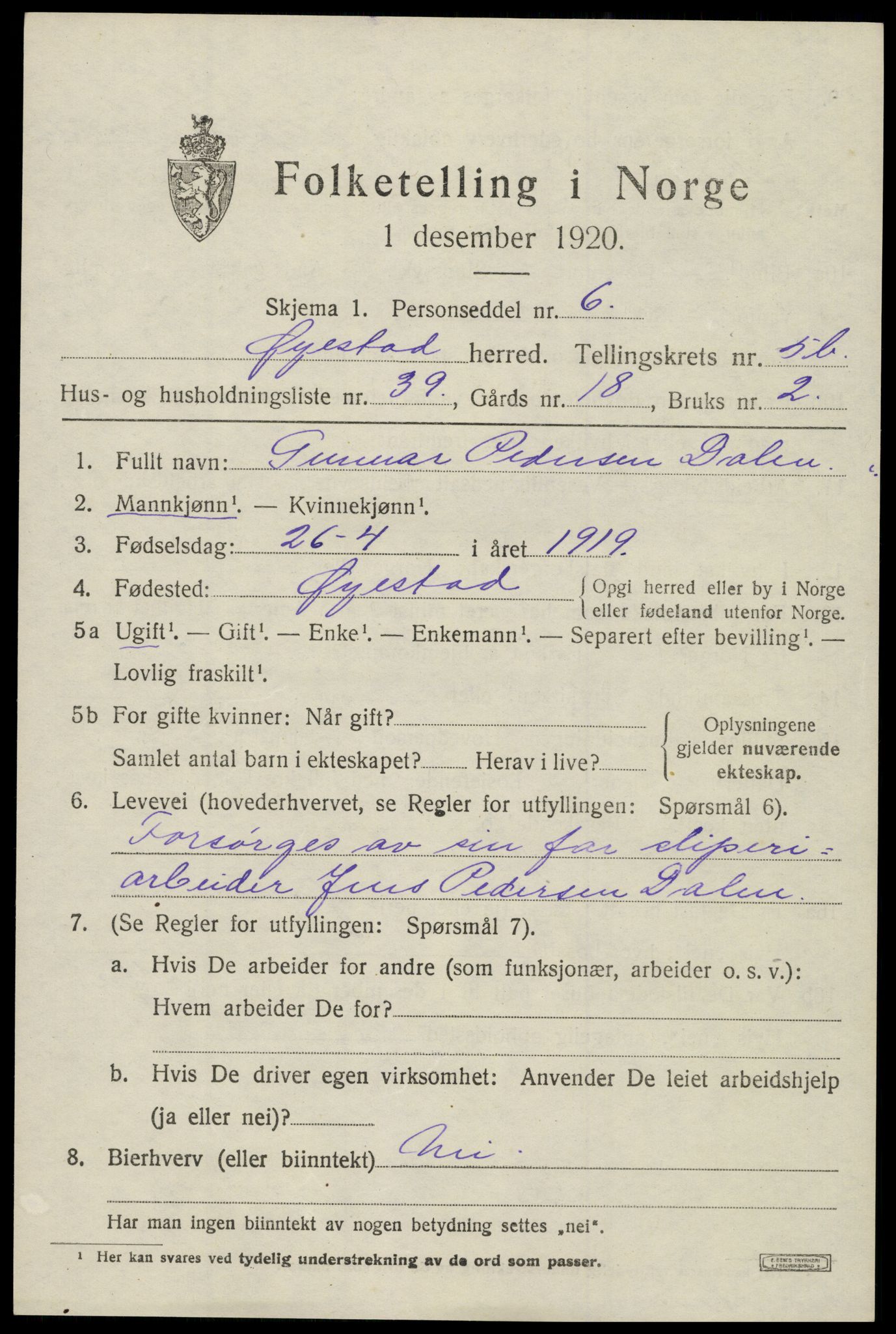 SAK, 1920 census for Øyestad, 1920, p. 4068