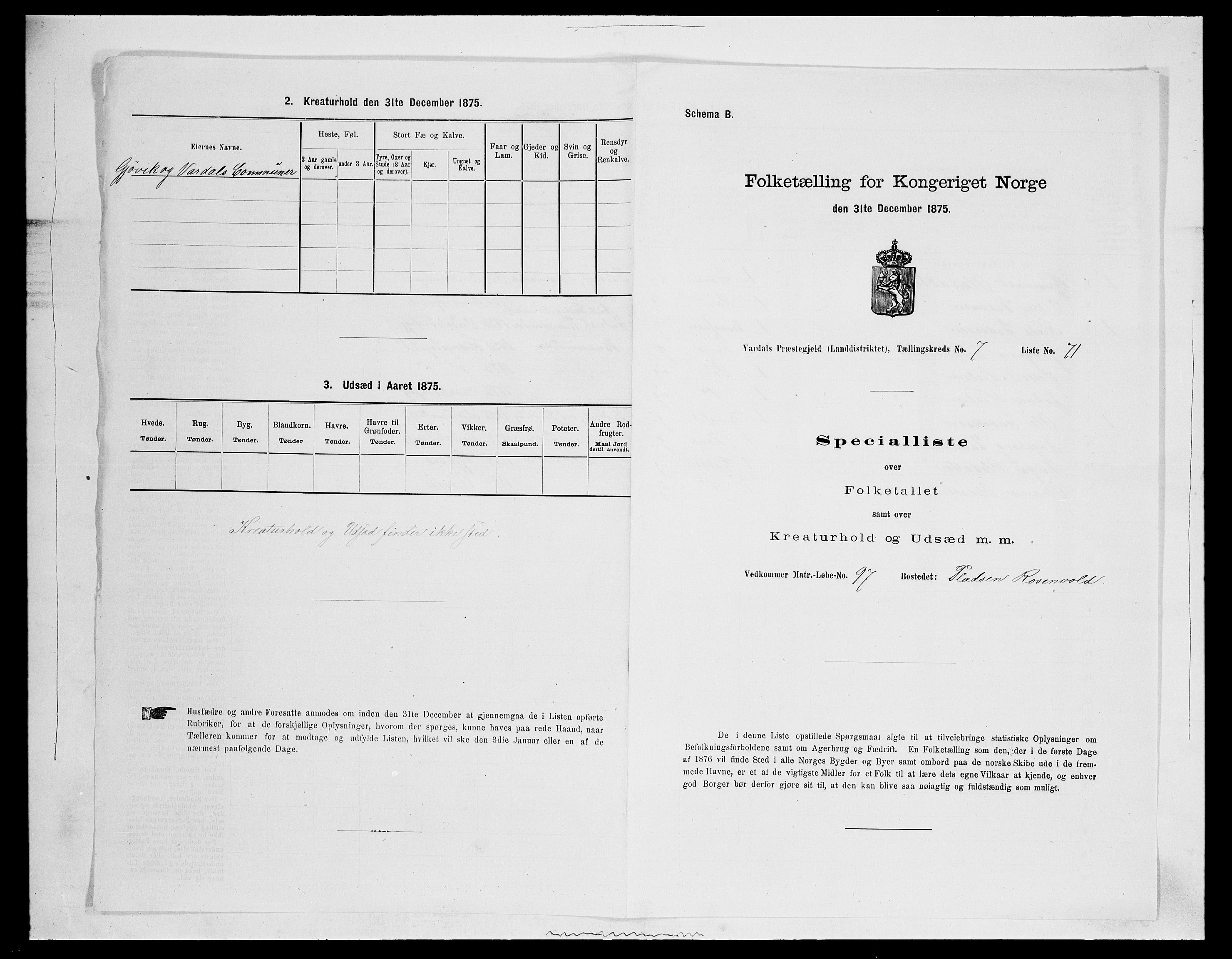 SAH, 1875 census for 0527L Vardal/Vardal og Hunn, 1875, p. 1121