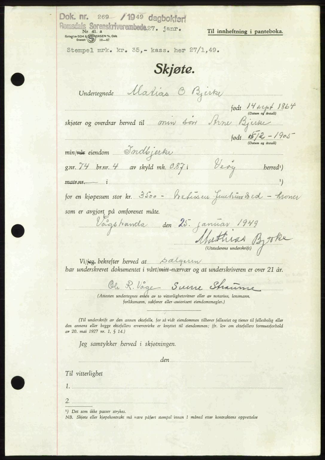 Romsdal sorenskriveri, AV/SAT-A-4149/1/2/2C: Mortgage book no. A28, 1948-1949, Diary no: : 269/1949