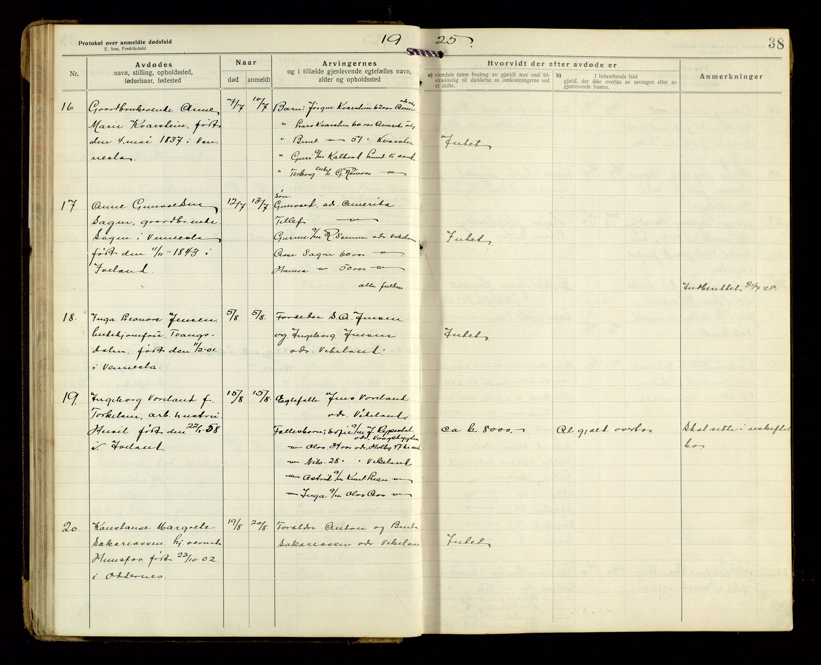 Vennesla og Iveland lensmannskontor, AV/SAK-1241-0050/F/Fe/L0001: Dødsfallsprotokoll nr 7, 1920-1940, p. 38