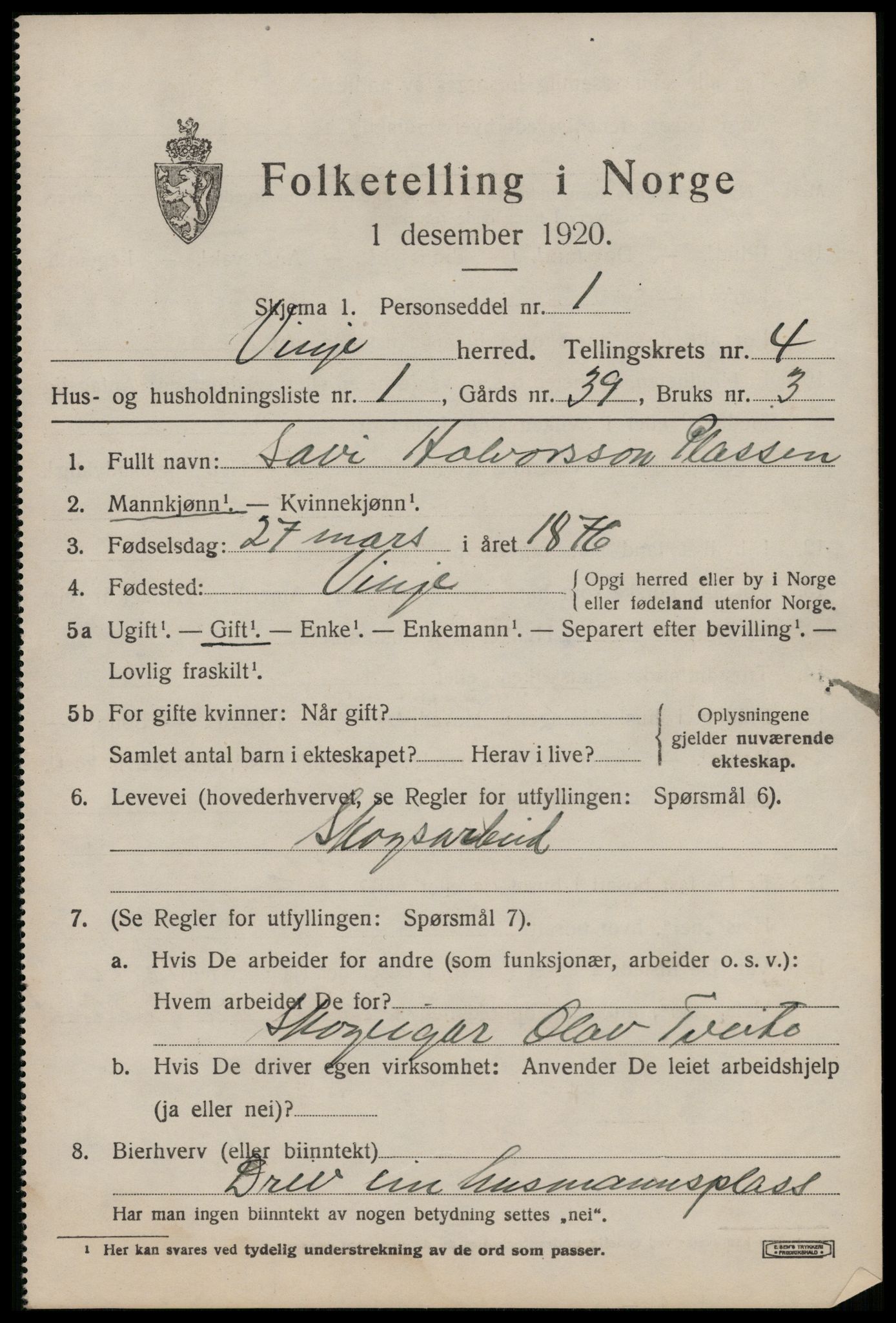 SAKO, 1920 census for Vinje, 1920, p. 1253