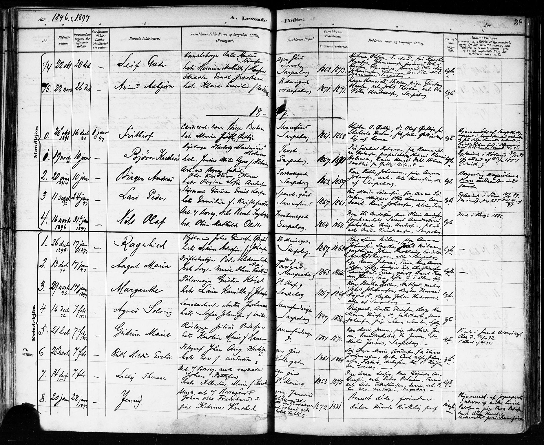 Sarpsborg prestekontor Kirkebøker, AV/SAO-A-2006/F/Fa/L0004: Parish register (official) no. 4, 1892-1899, p. 38