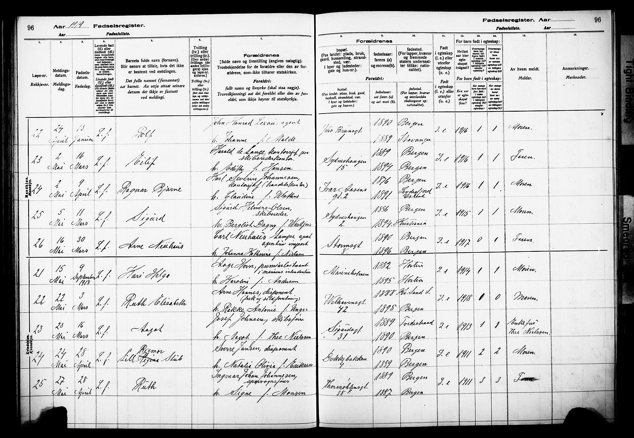 Johanneskirken sokneprestembete, AV/SAB-A-76001/I/Id/L00A1: Birth register no. A 1, 1916-1924, p. 96