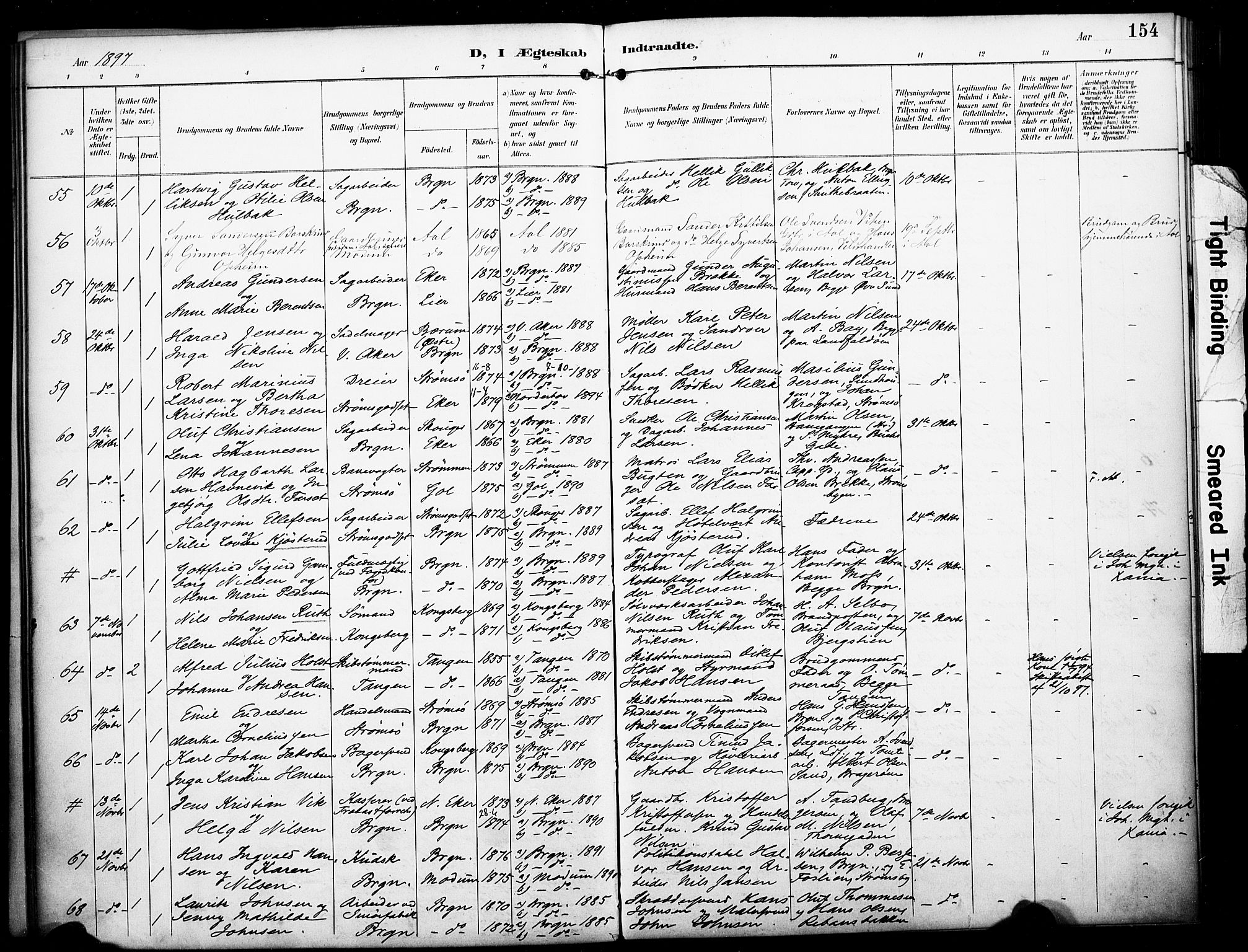 Bragernes kirkebøker, AV/SAKO-A-6/F/Fc/L0006: Parish register (official) no. III 6, 1888-1899, p. 154