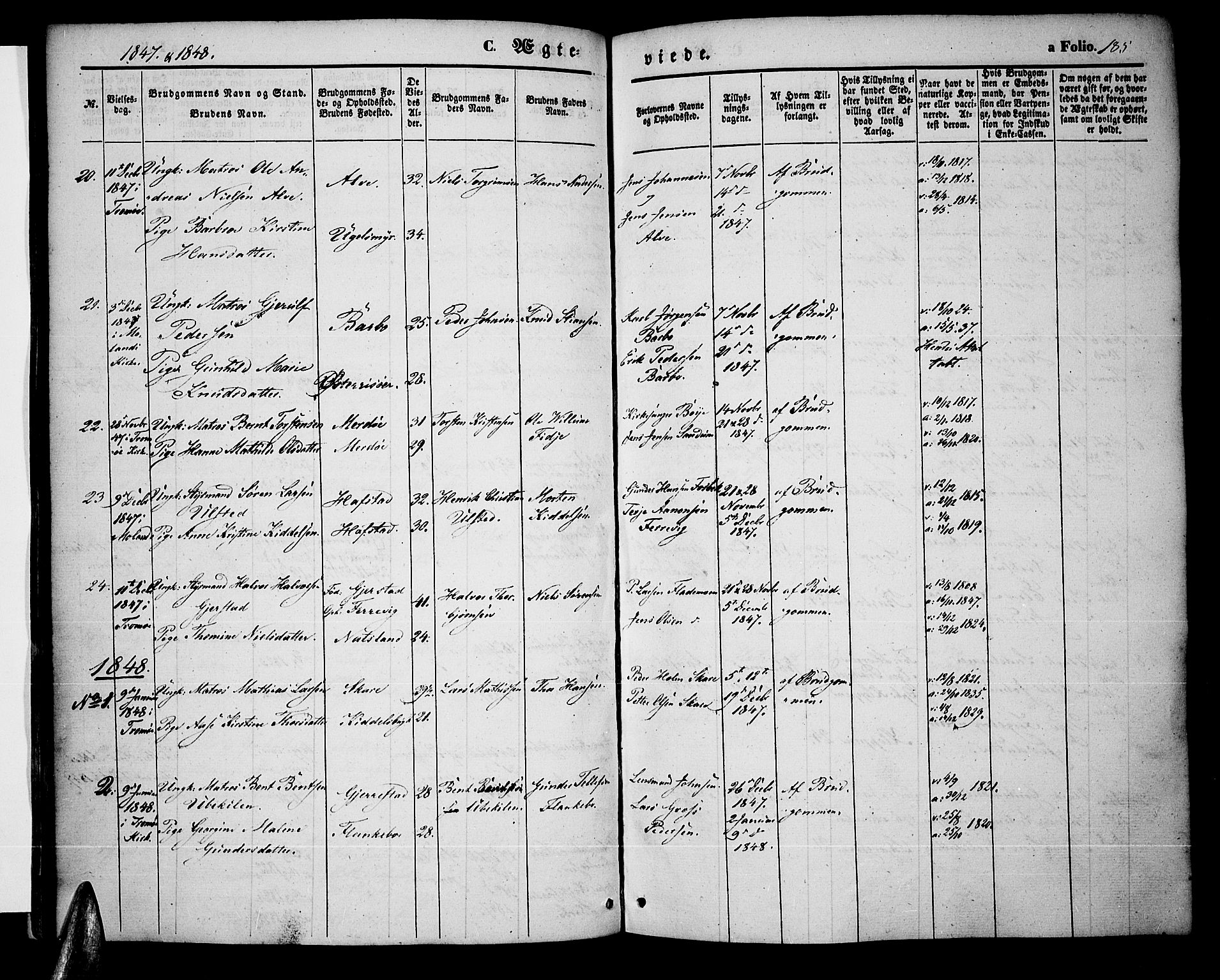 Tromøy sokneprestkontor, SAK/1111-0041/F/Fa/L0005: Parish register (official) no. A 5, 1847-1856, p. 185