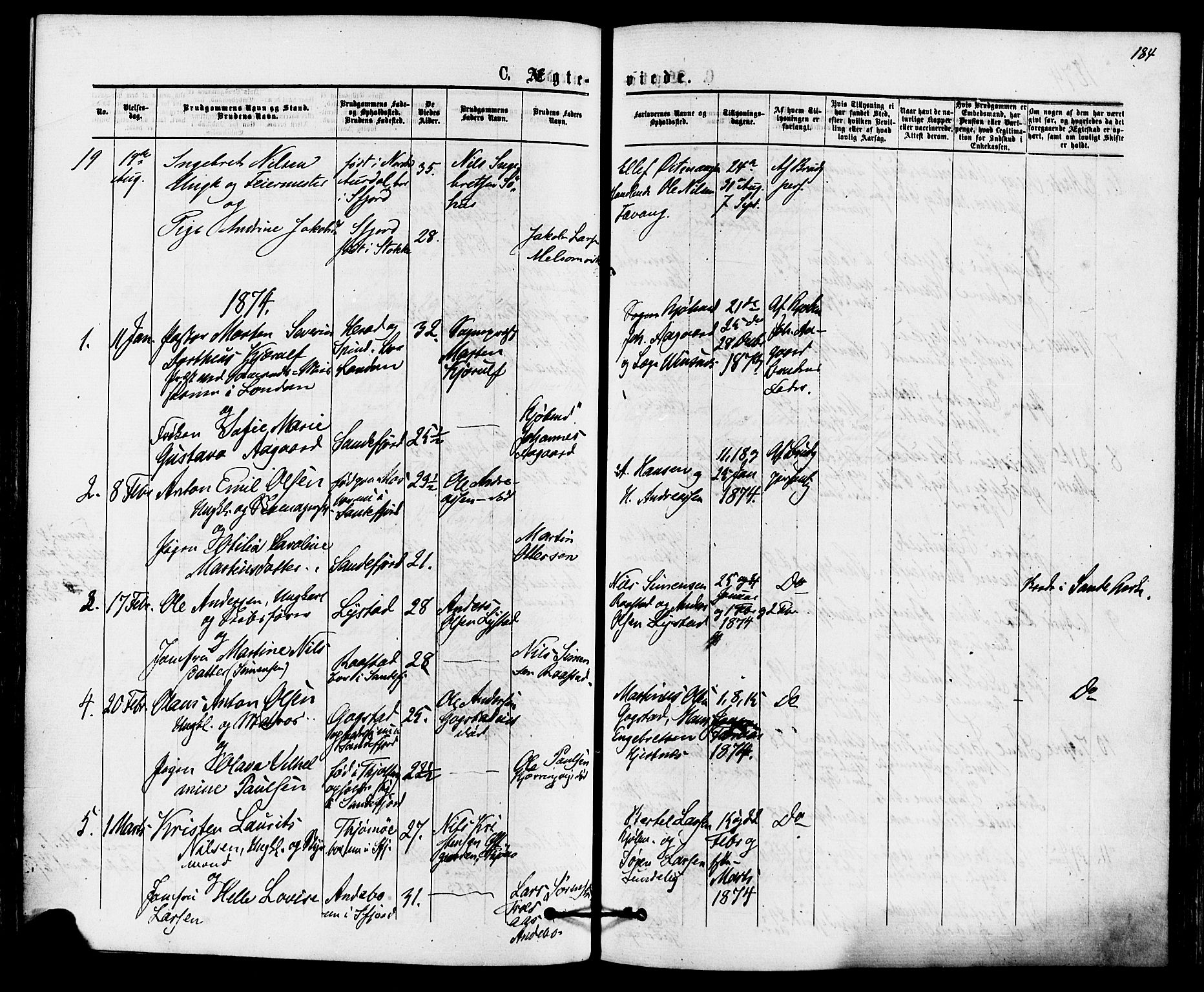 Sandefjord kirkebøker, SAKO/A-315/F/Fa/L0001: Parish register (official) no. 1, 1873-1879, p. 184