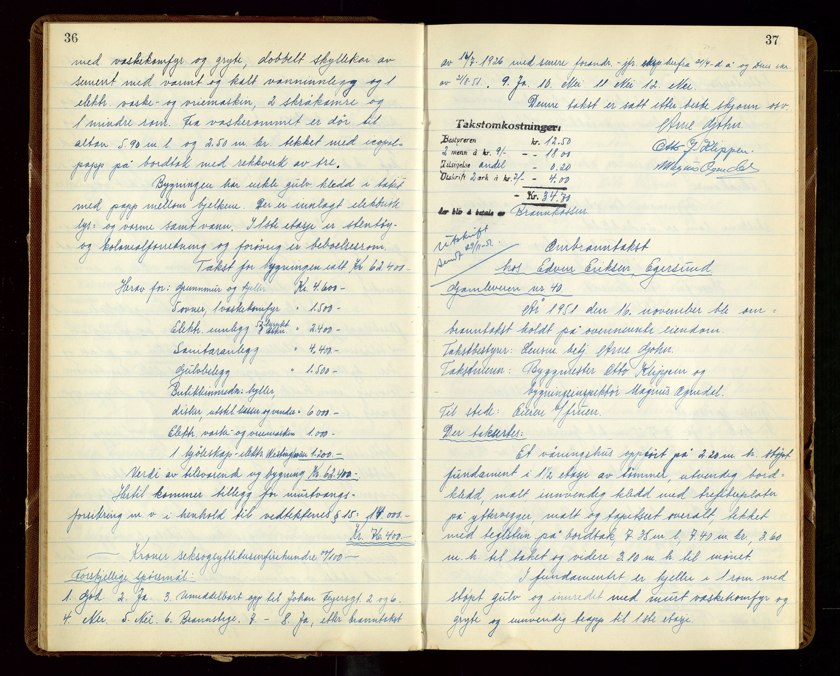 Eigersund lensmannskontor, AV/SAST-A-100171/God/L0014: "Branntakstprotokoll", 1951-1955, p. 36-37