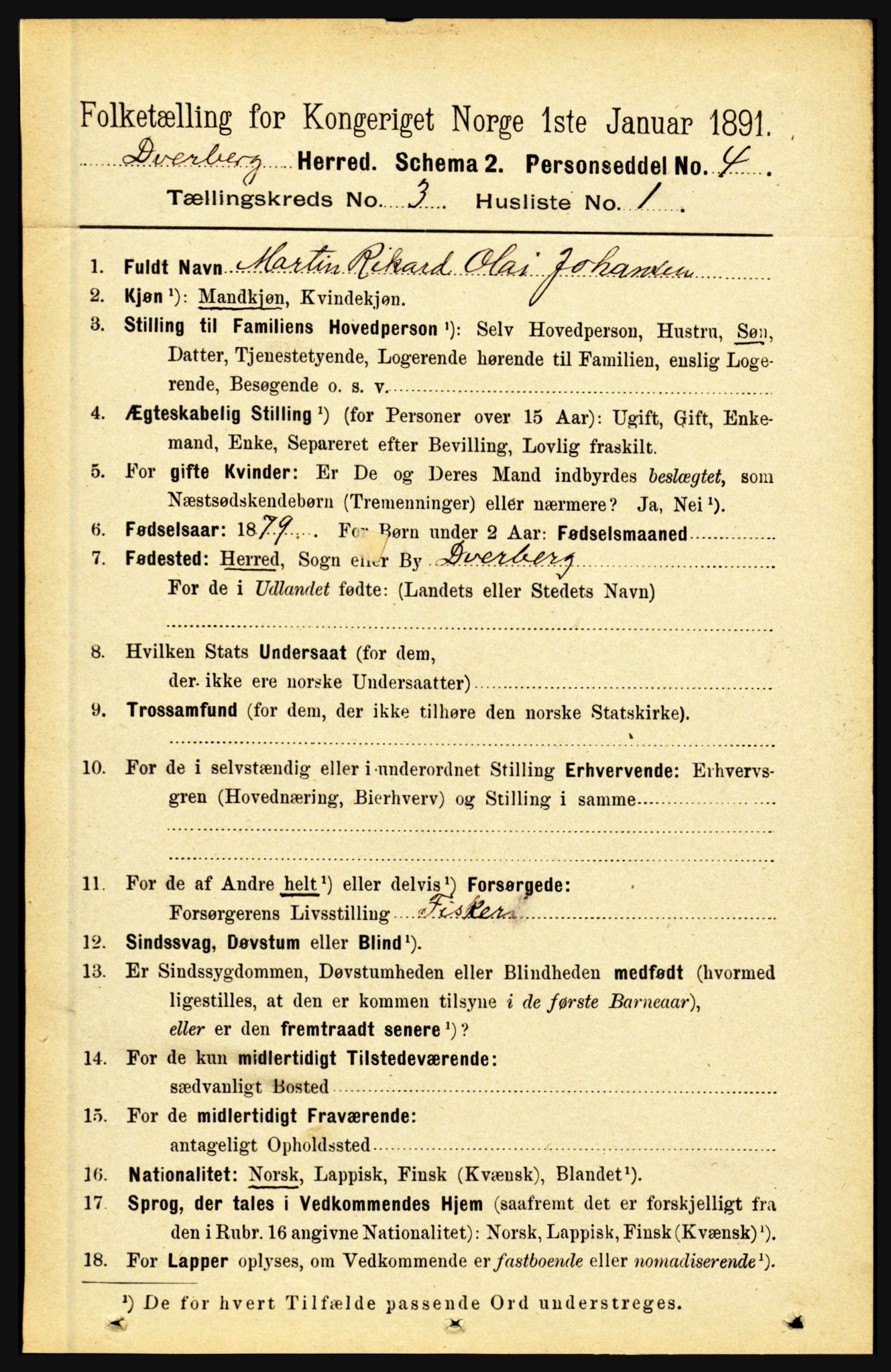 RA, 1891 census for 1872 Dverberg, 1891, p. 938