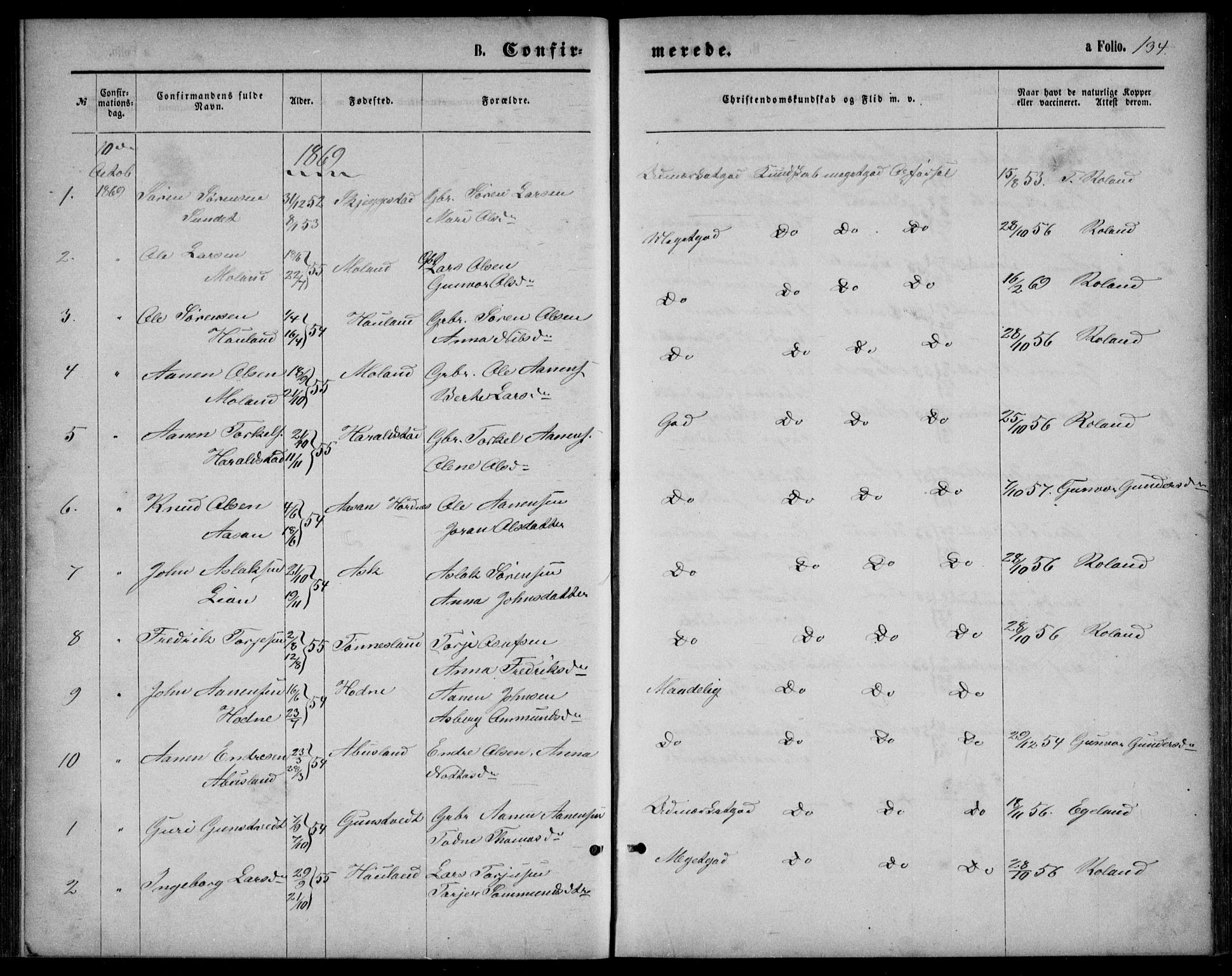 Bjelland sokneprestkontor, AV/SAK-1111-0005/F/Fb/Fba/L0004: Parish register (copy) no. B 4, 1869-1886, p. 134