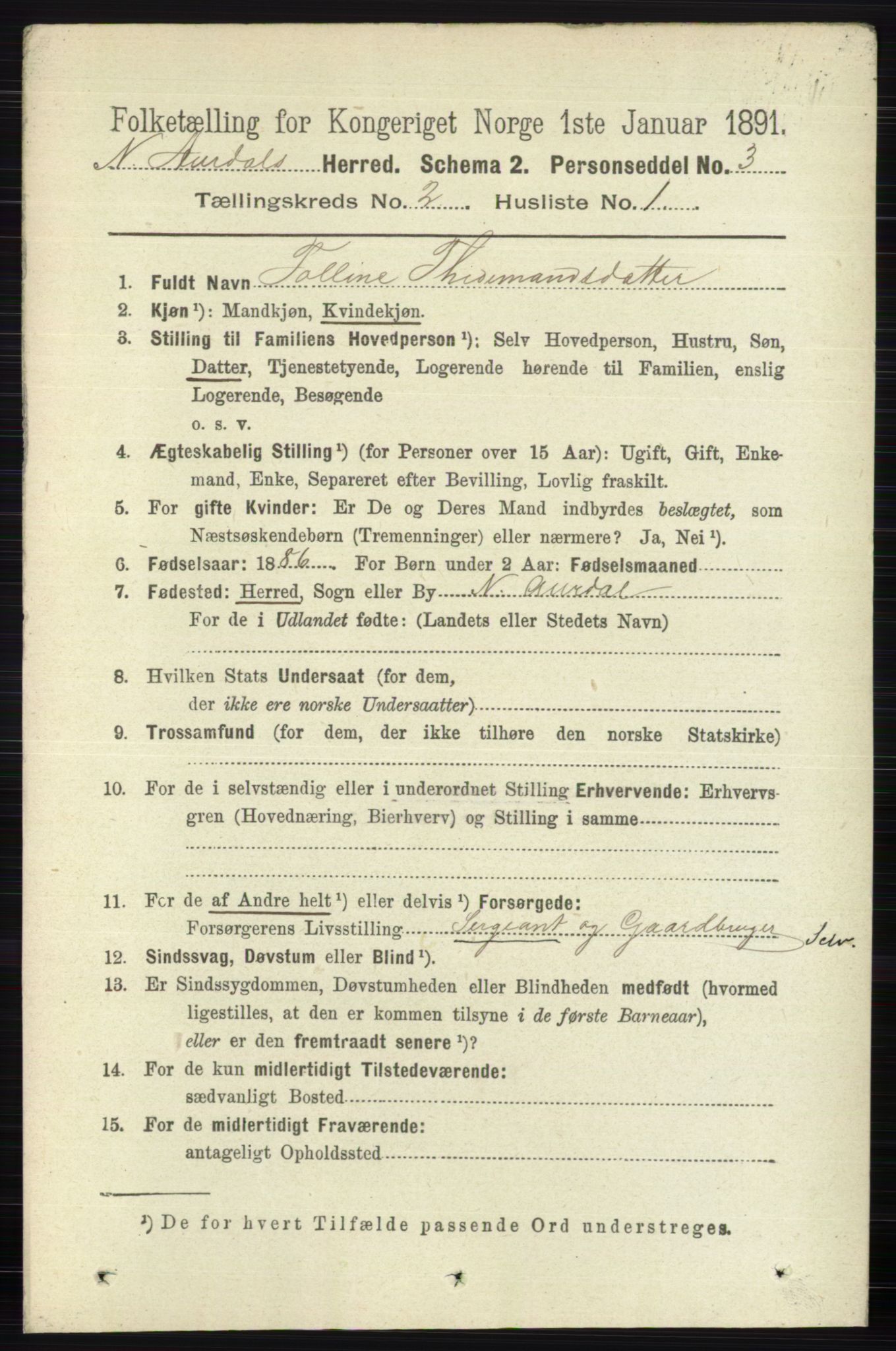 RA, 1891 census for 0542 Nord-Aurdal, 1891, p. 594