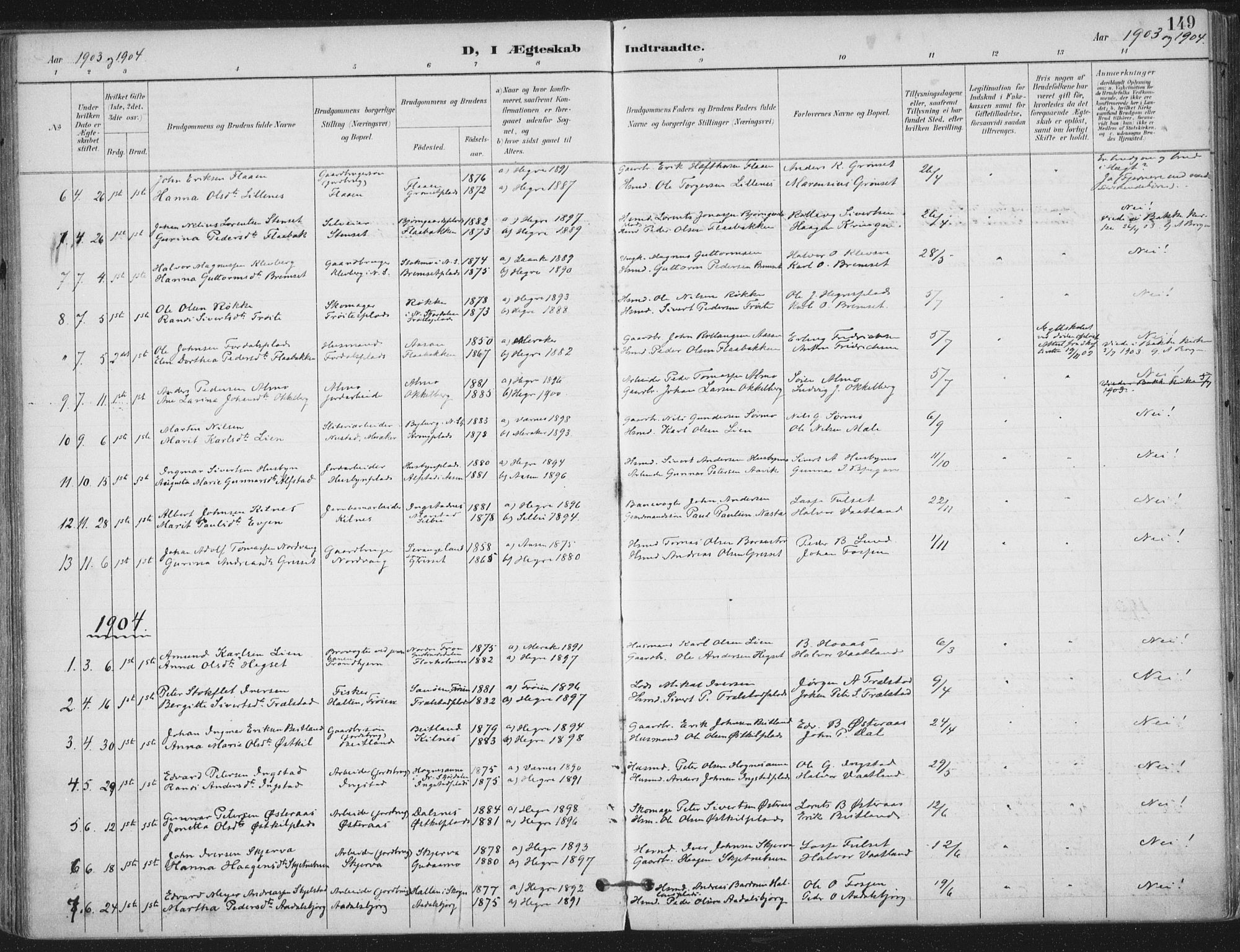 Ministerialprotokoller, klokkerbøker og fødselsregistre - Nord-Trøndelag, SAT/A-1458/703/L0031: Parish register (official) no. 703A04, 1893-1914, p. 149