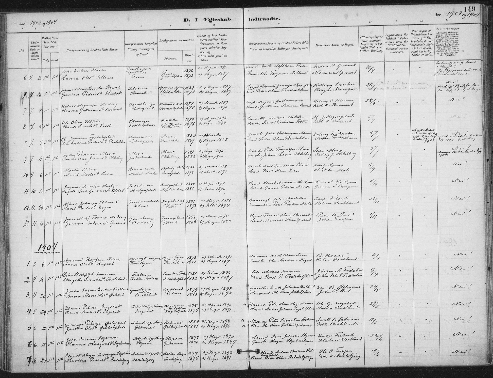 Ministerialprotokoller, klokkerbøker og fødselsregistre - Nord-Trøndelag, AV/SAT-A-1458/703/L0031: Parish register (official) no. 703A04, 1893-1914, p. 149