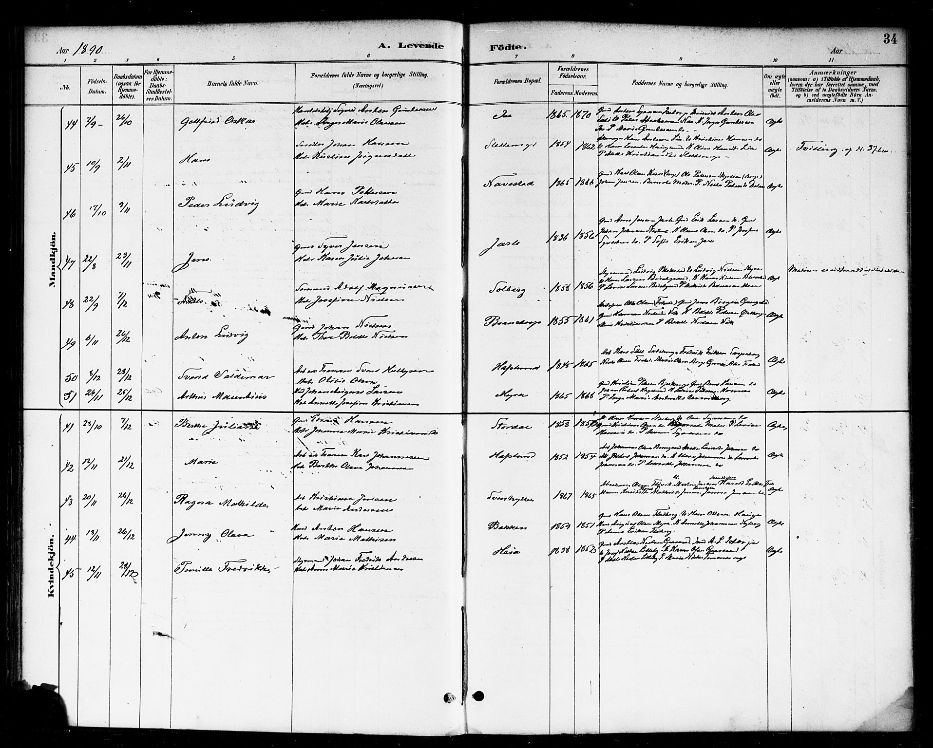 Skjeberg prestekontor Kirkebøker, SAO/A-10923/F/Fa/L0009: Parish register (official) no. I 9, 1886-1897, p. 34
