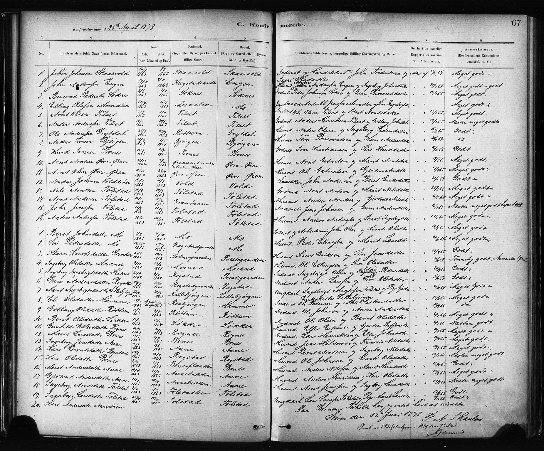 Ministerialprotokoller, klokkerbøker og fødselsregistre - Sør-Trøndelag, SAT/A-1456/687/L1002: Parish register (official) no. 687A08, 1878-1890, p. 67