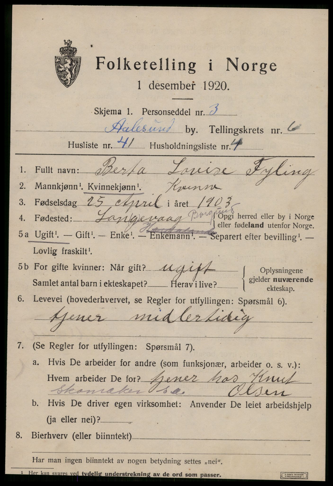 SAT, 1920 census for Ålesund, 1920, p. 19032