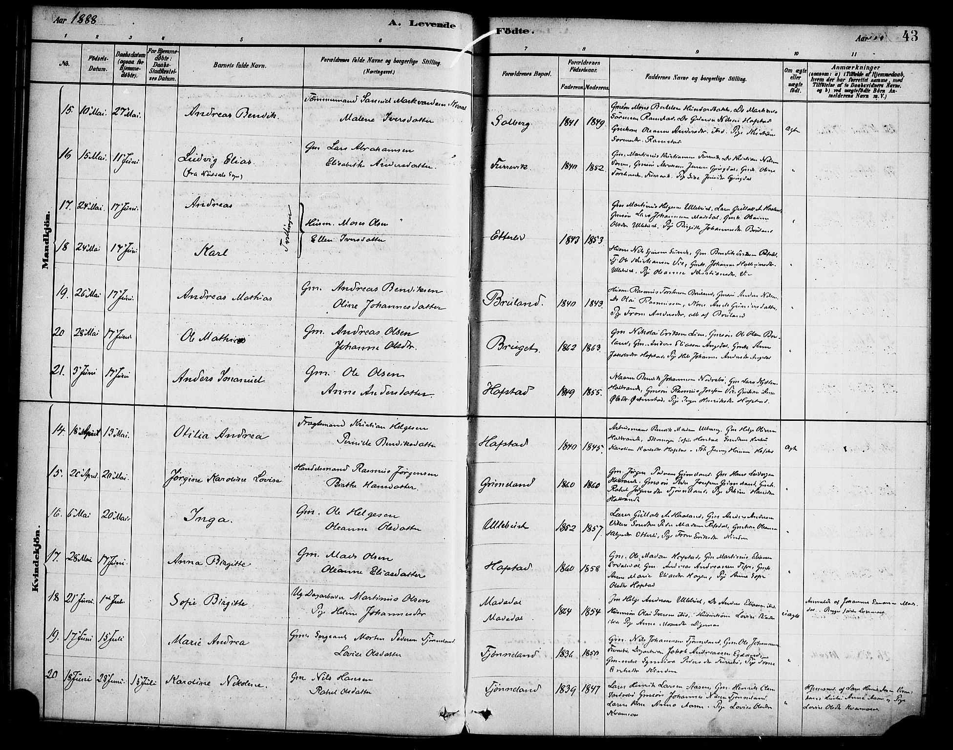 Førde sokneprestembete, AV/SAB-A-79901/H/Haa/Haab/L0001: Parish register (official) no. B 1, 1880-1898, p. 43