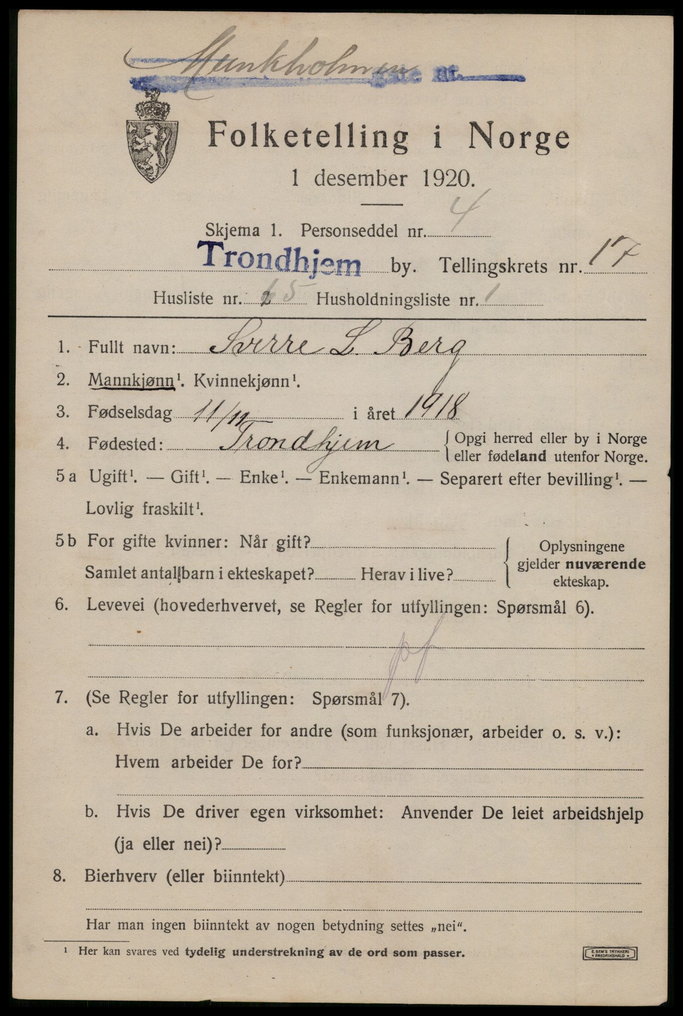 SAT, 1920 census for Trondheim, 1920, p. 56670