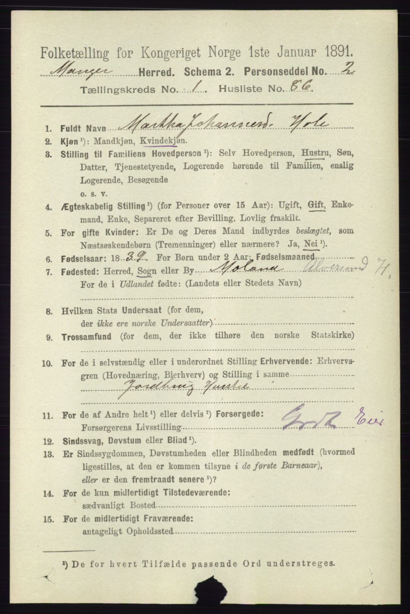 RA, 1891 census for 1261 Manger, 1891, p. 670