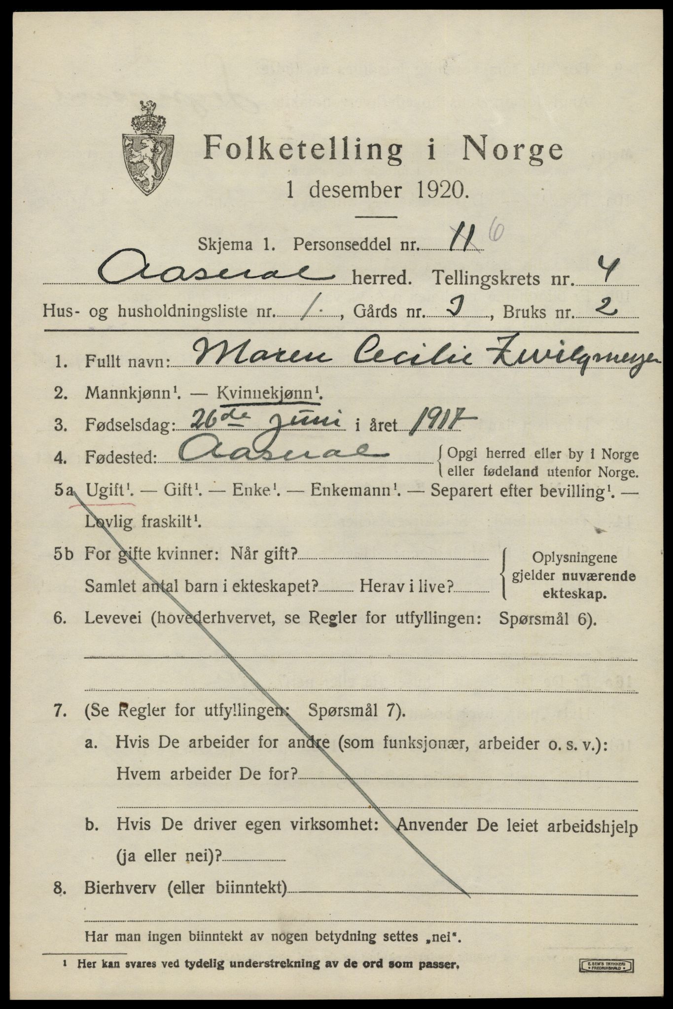SAK, 1920 census for Åseral, 1920, p. 1196