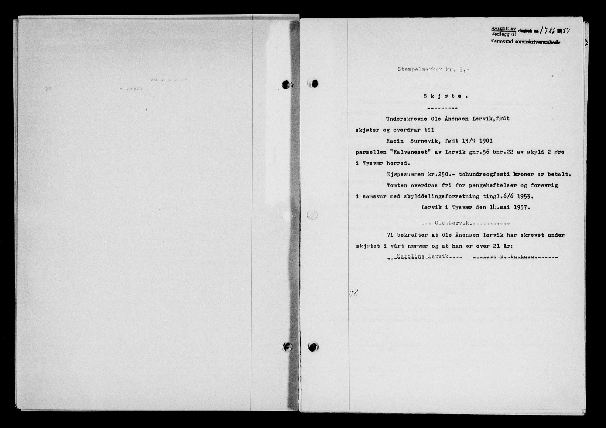 Karmsund sorenskriveri, SAST/A-100311/01/II/IIB/L0125: Mortgage book no. 105A, 1957-1957, Diary no: : 1786/1957