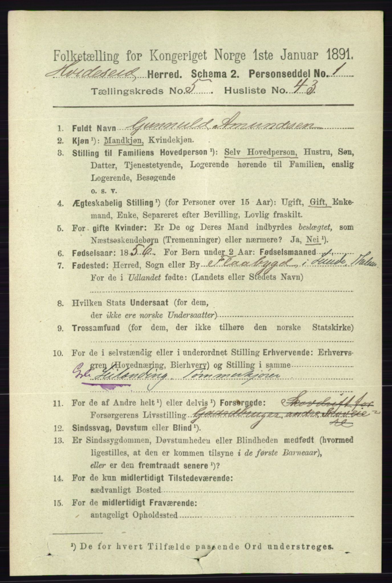 RA, 1891 census for 0829 Kviteseid, 1891, p. 1129